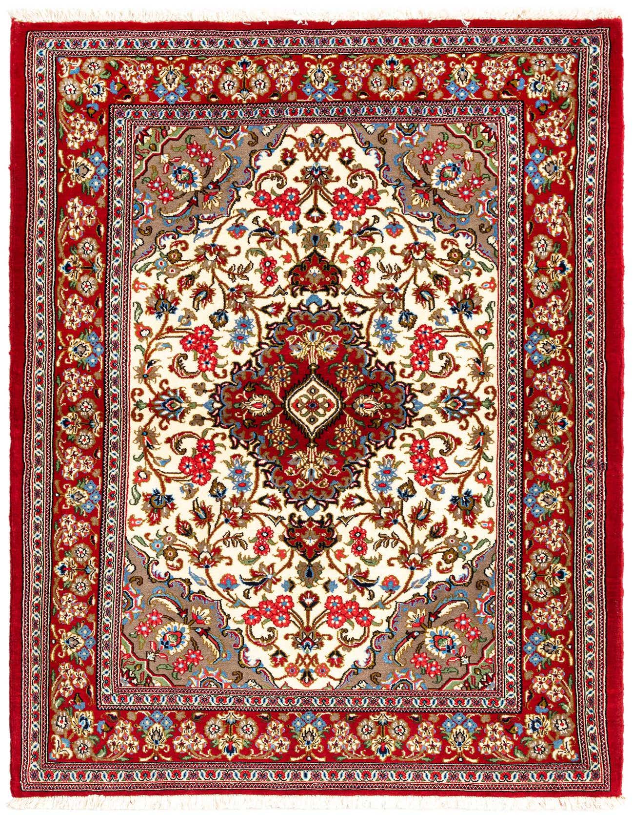 A 3x5 rectangular Qom Persian rug with a central medallion, featuring intricate floral patterns in red, blue, and brown on an ivory field, framed by a rich red border.