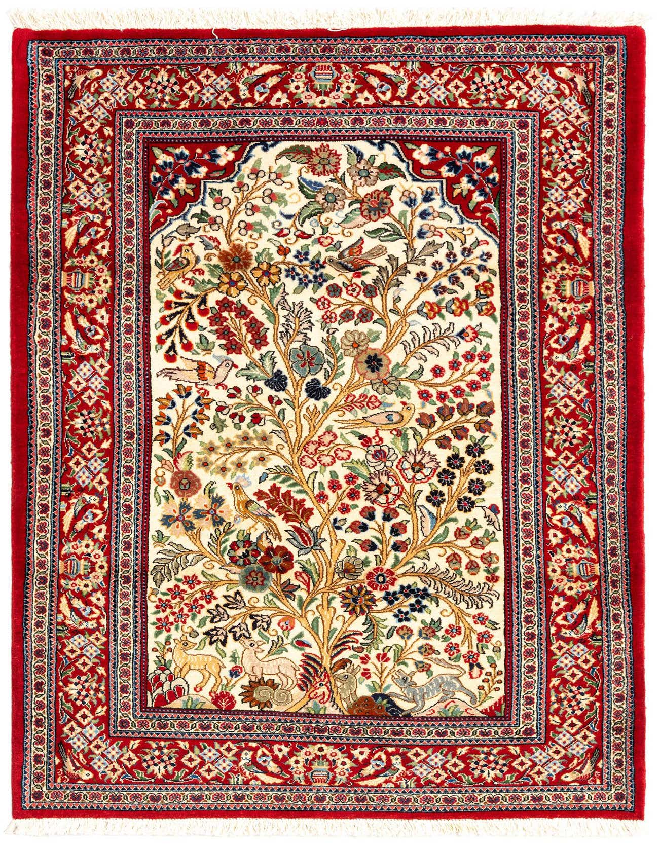 A 3x5 rectangular Persian rug with an ivory field and a red border, featuring a Tree of Life pattern with colorful birds and animals.