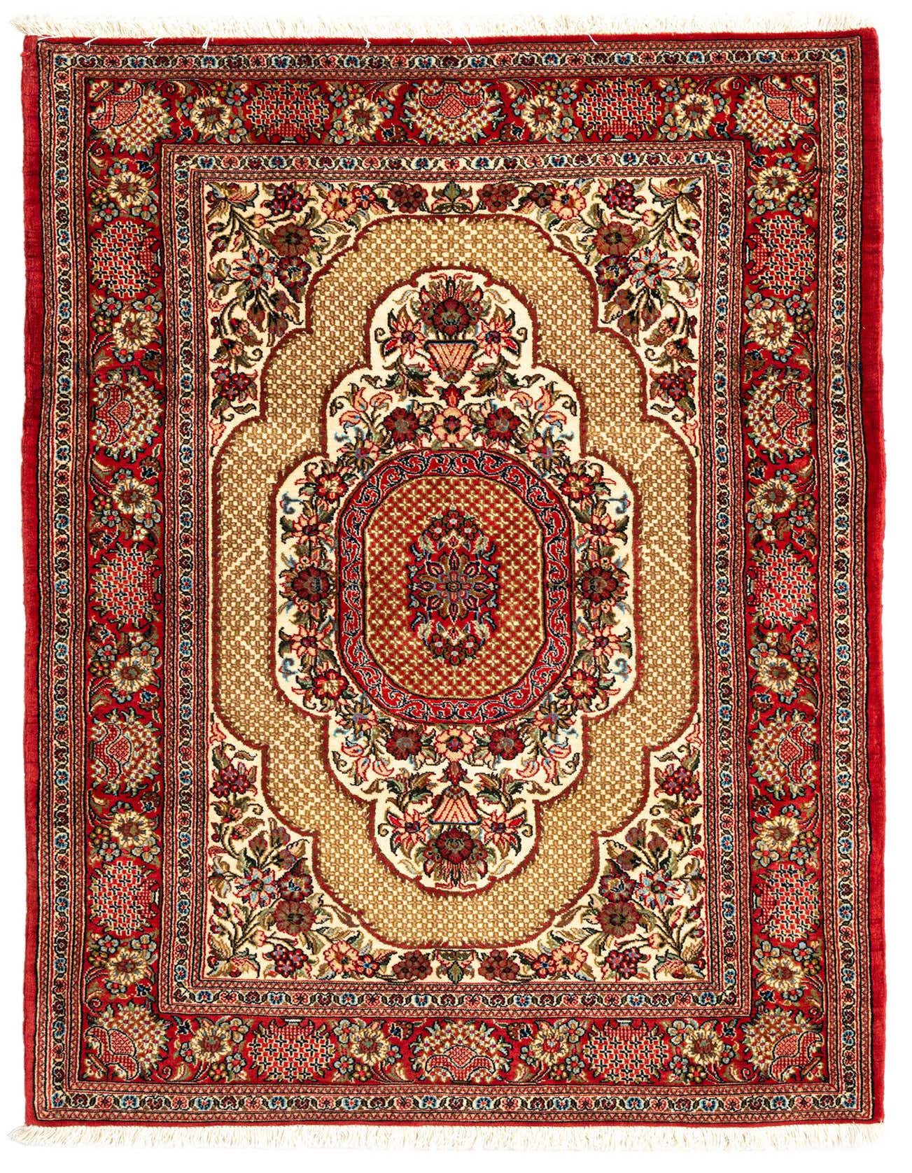 A 3x5 rectangular Persian rug with an ivory and cream field, featuring intricate floral and medallion patterns in rich red, gold, and blue tones.