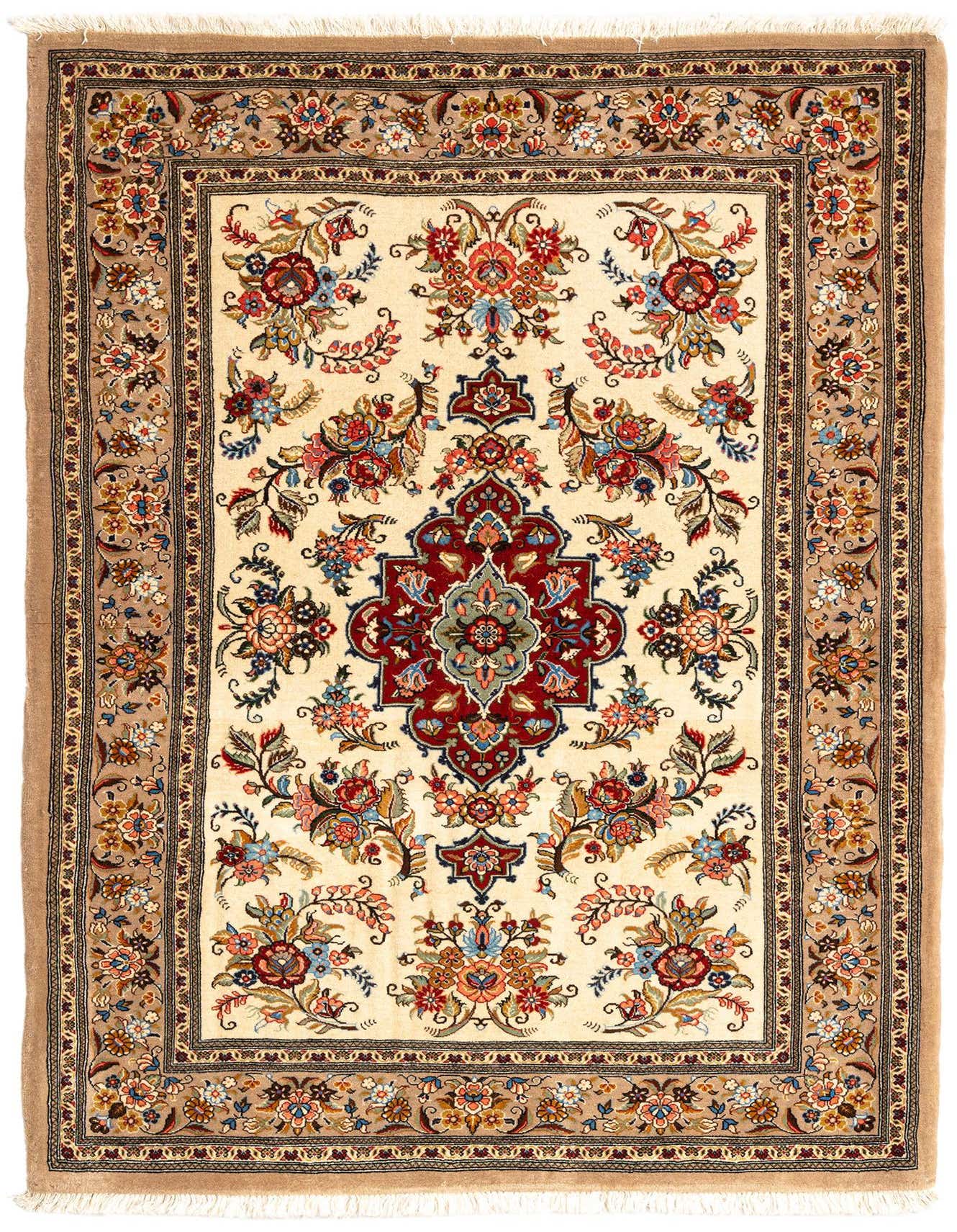 A 3x5 rectangular ivory Persian rug with a detailed floral medallion pattern in red, blue, and gold, framed by a complementary border.