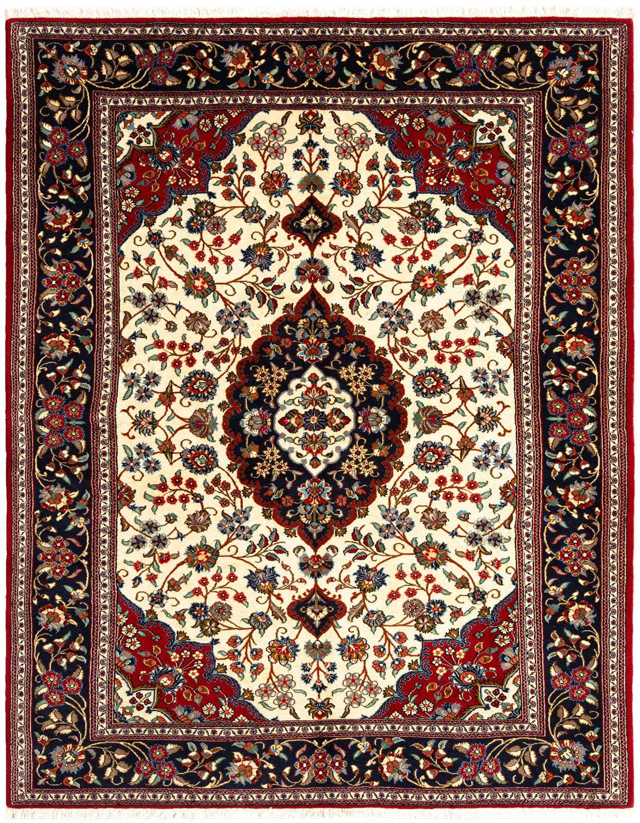 A 5x8 rectangular Qom Persian rug with a cream background, intricate floral patterns in red, navy, and gold, and a dark border.