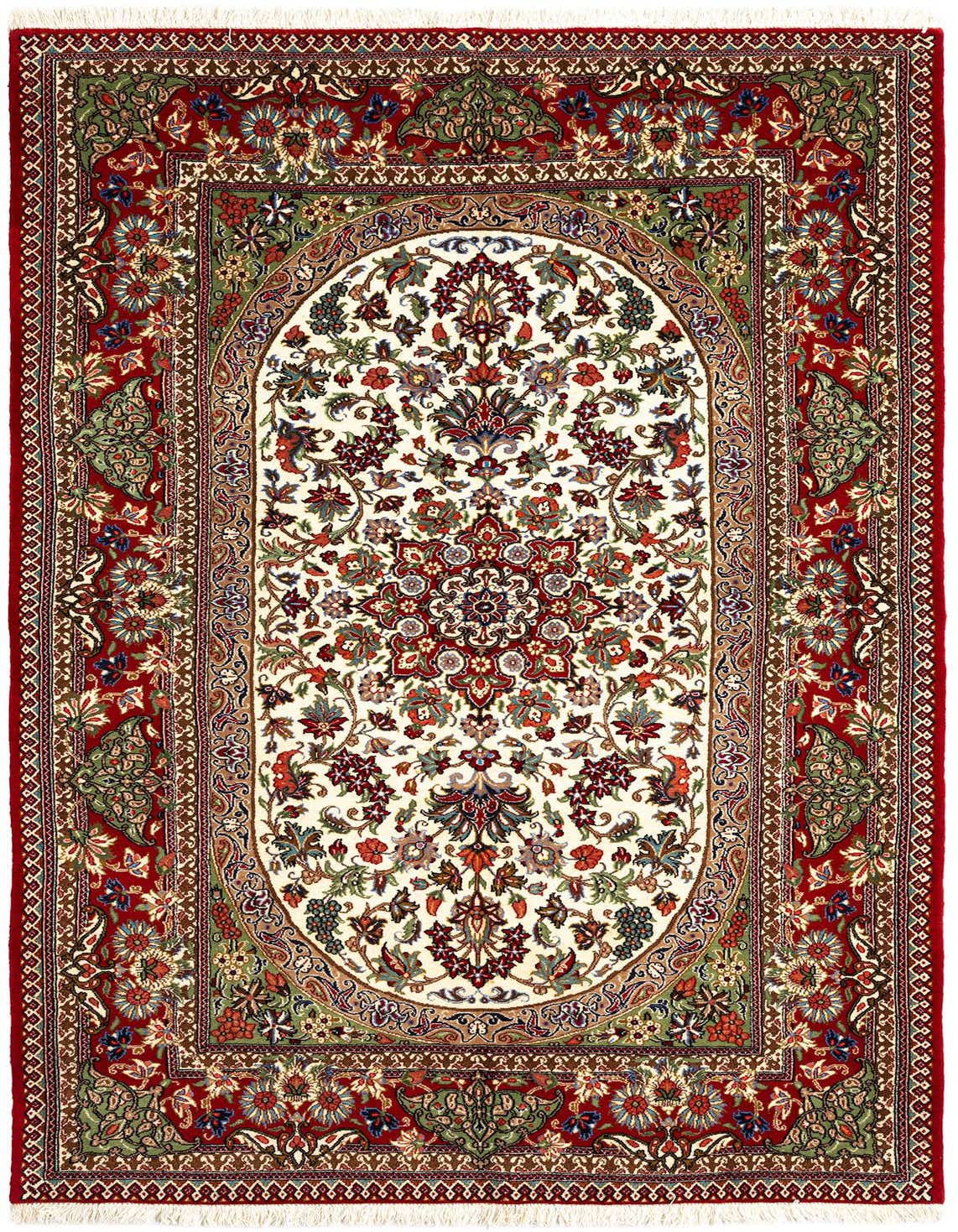 A 5x8 rectangular ivory Persian rug with a detailed floral medallion and a rich red border.