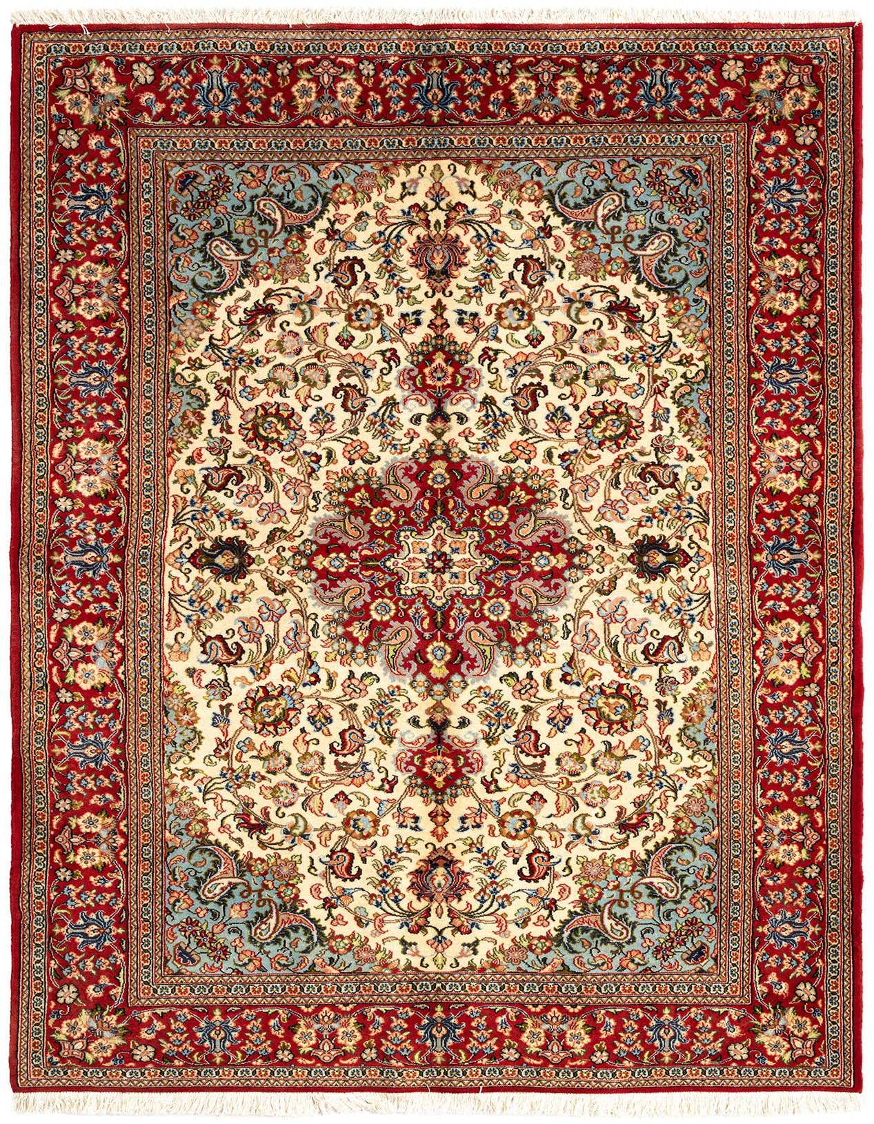 A 5x8 rectangular Persian rug with an ivory field, red border, and intricate floral and medallion patterns.