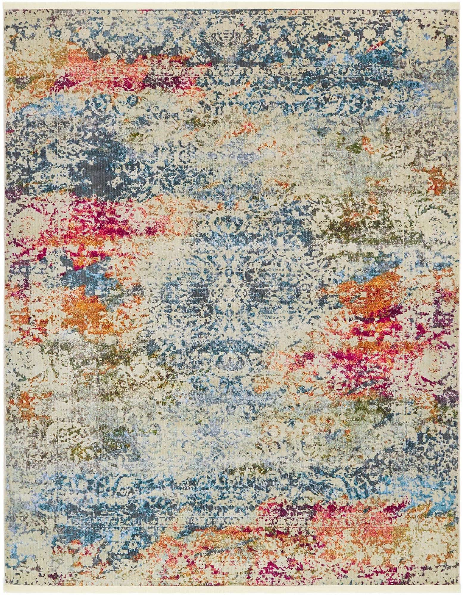 An 8x10 rectangular ivory rug featuring a distressed eclectic pattern with splashes of blue, orange, red, and gray.