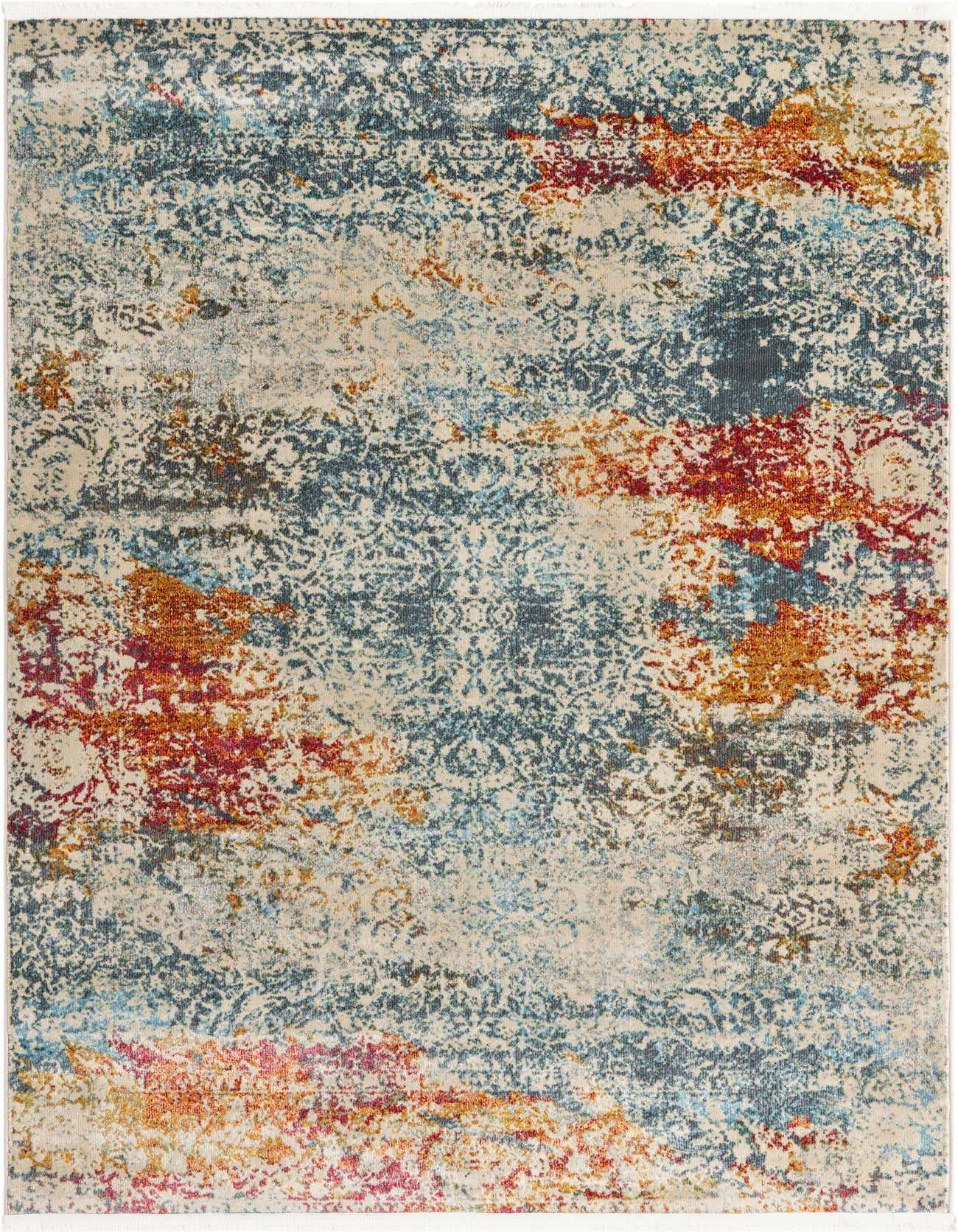 A 5x8 rectangular ivory area rug with an eclectic, distressed pattern in shades of blue, red, and orange.