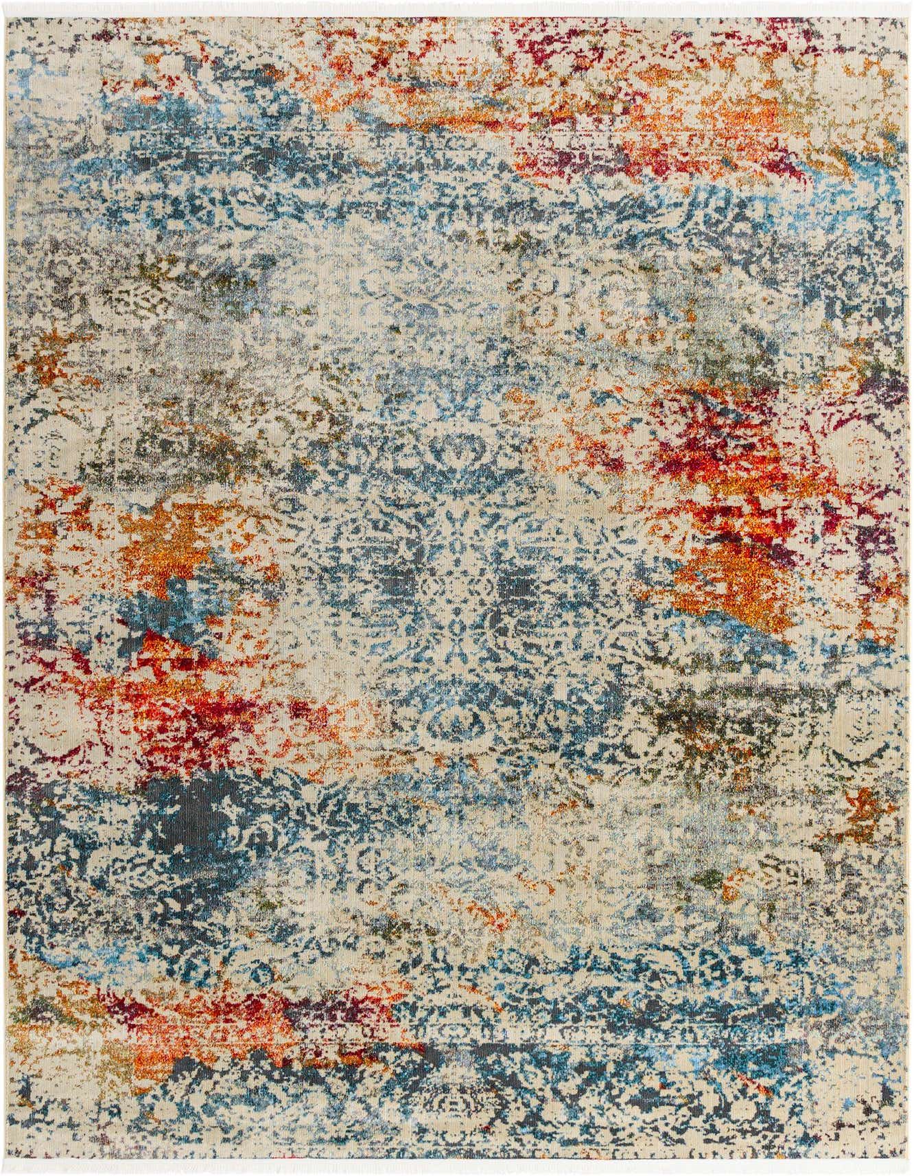 A 7x10 rectangular ivory area rug with an eclectic, distressed medallion pattern in blue, red, and orange tones.