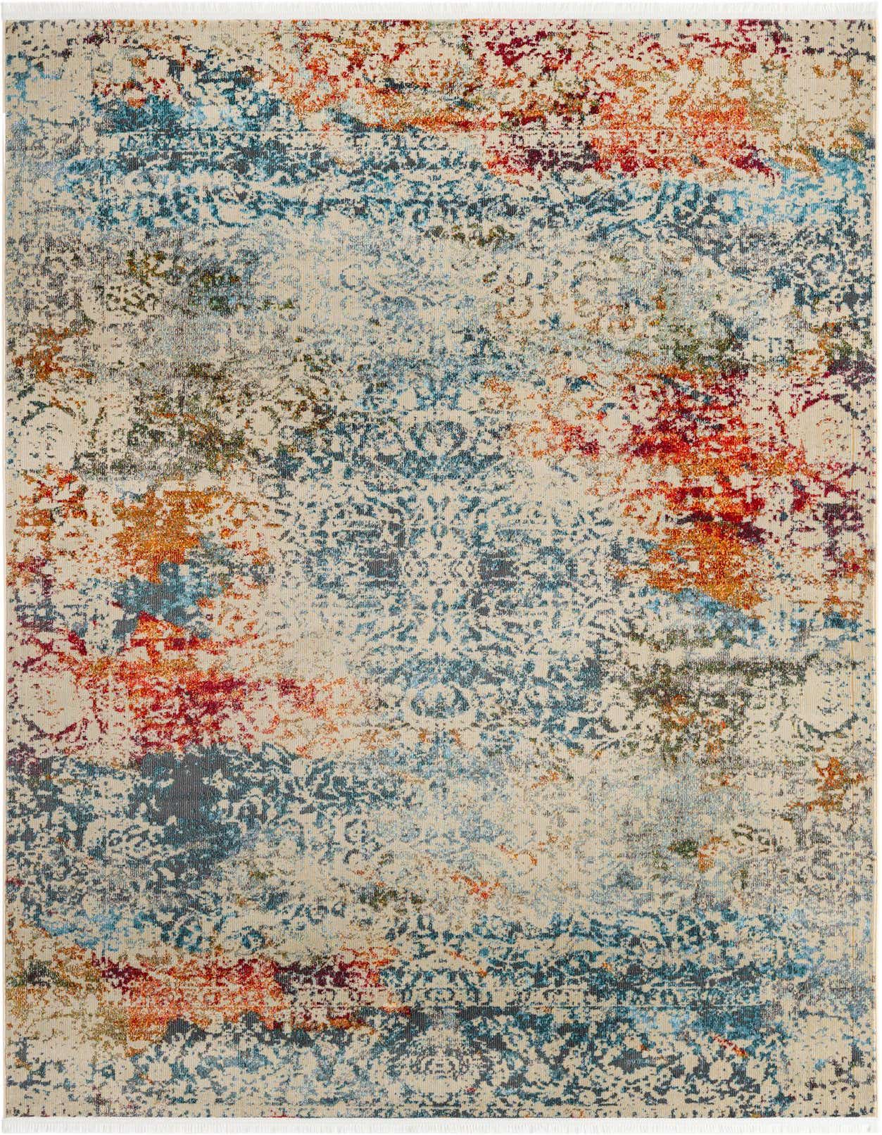 A 6x9 rectangular Santiago rug featuring an eclectic, transitional pattern in ivories, creams, blues, and reds, with a flat pile.