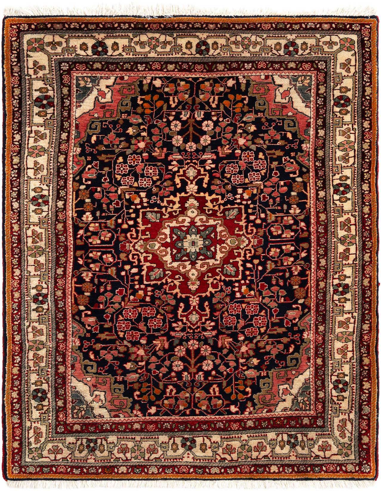 A 4x6 rectangular Sarouk Persian rug with a dark navy field, central red medallion, and intricate floral patterns in ivory, red, and cream.