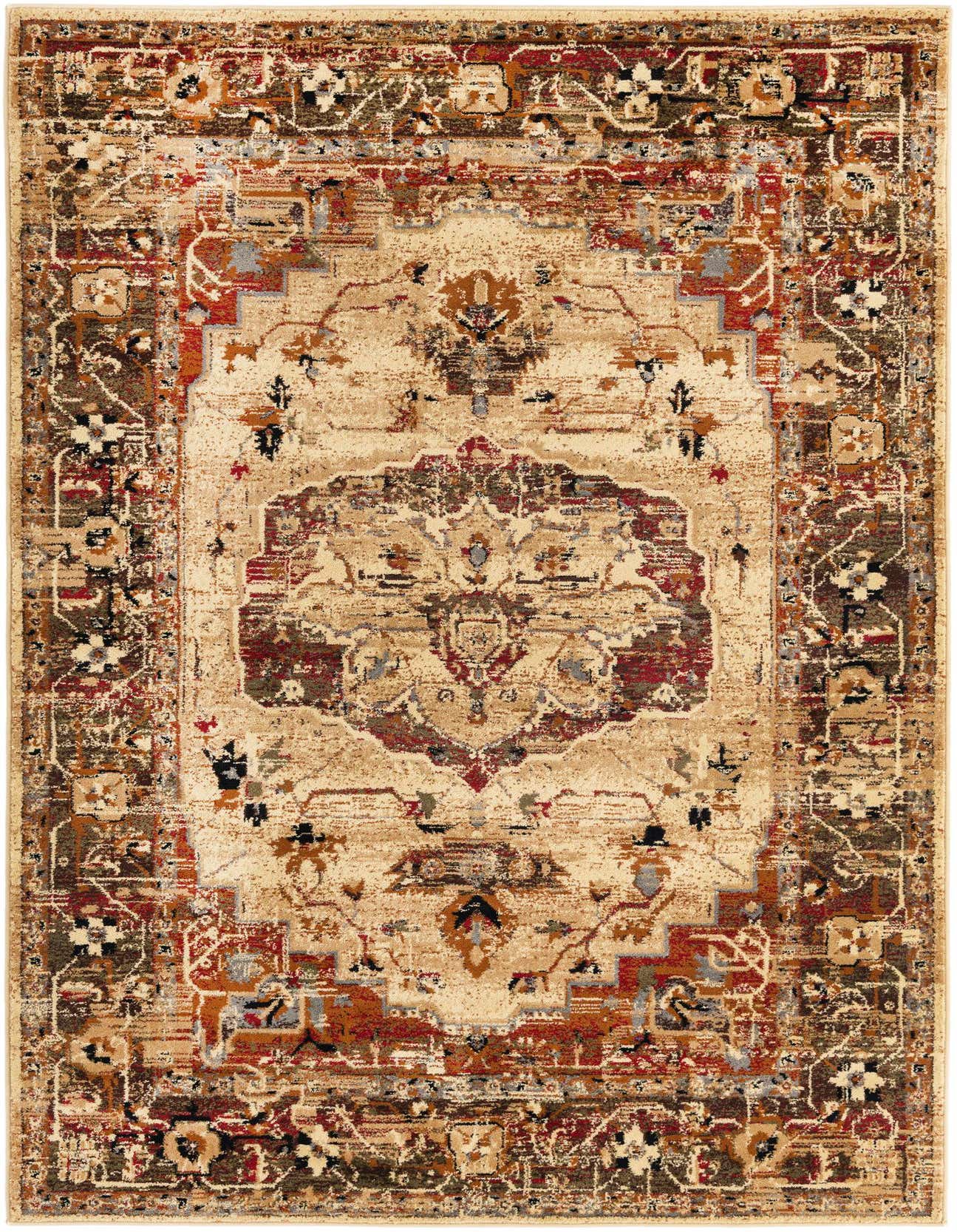 A 5x8 rectangular ivory traditional rug with a distressed medallion pattern in reds, browns, and creams.