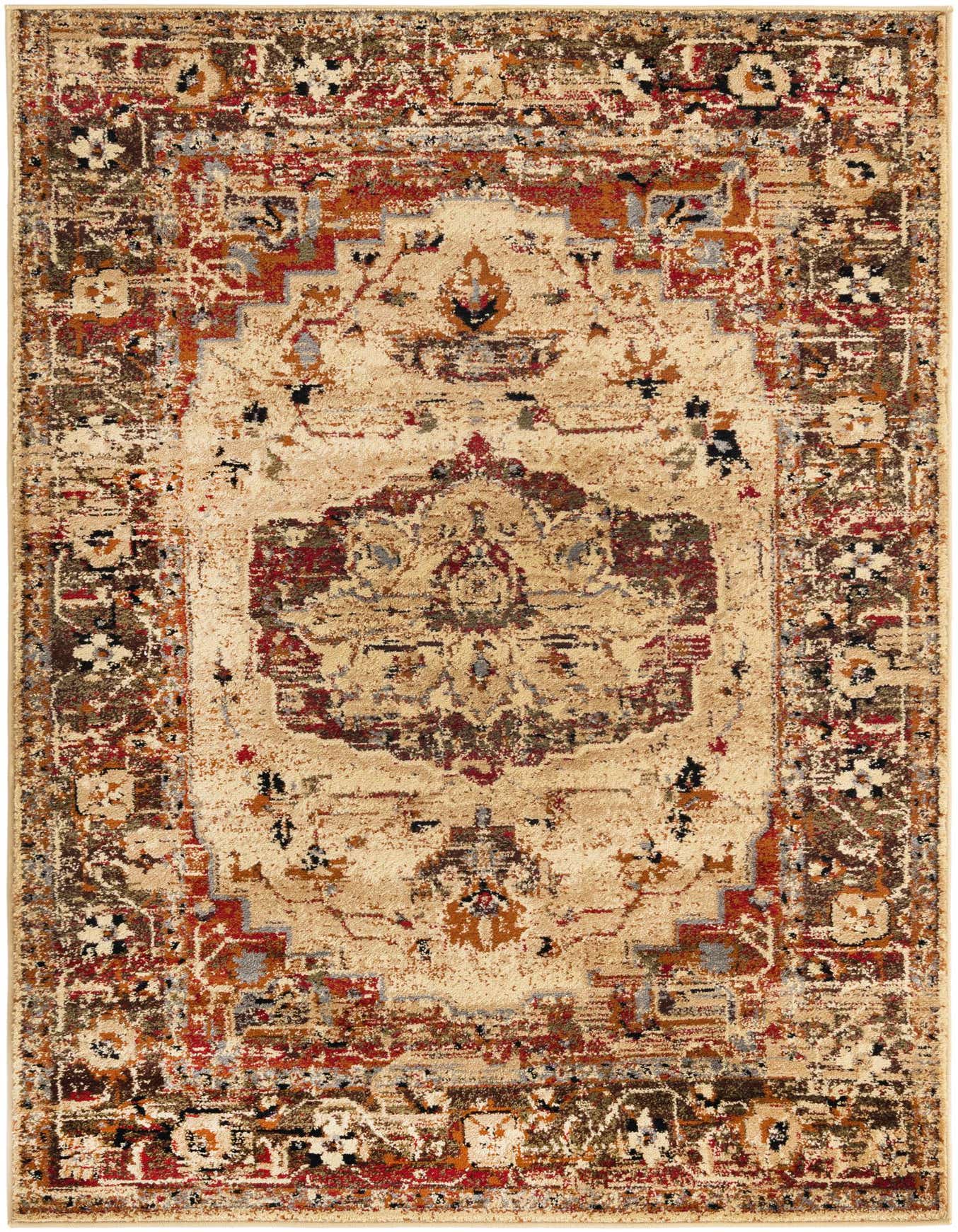 A 4x6 rectangular ivory and multi-color traditional rug with a distressed medallion pattern, suitable for a living room.