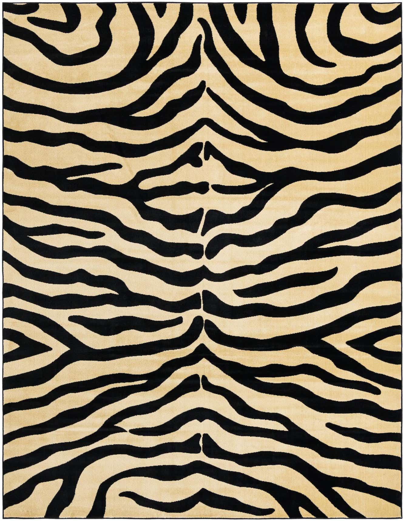 A rectangular 6x9 ivory and black zebra print area rug with a medium pile, perfect for a living room.