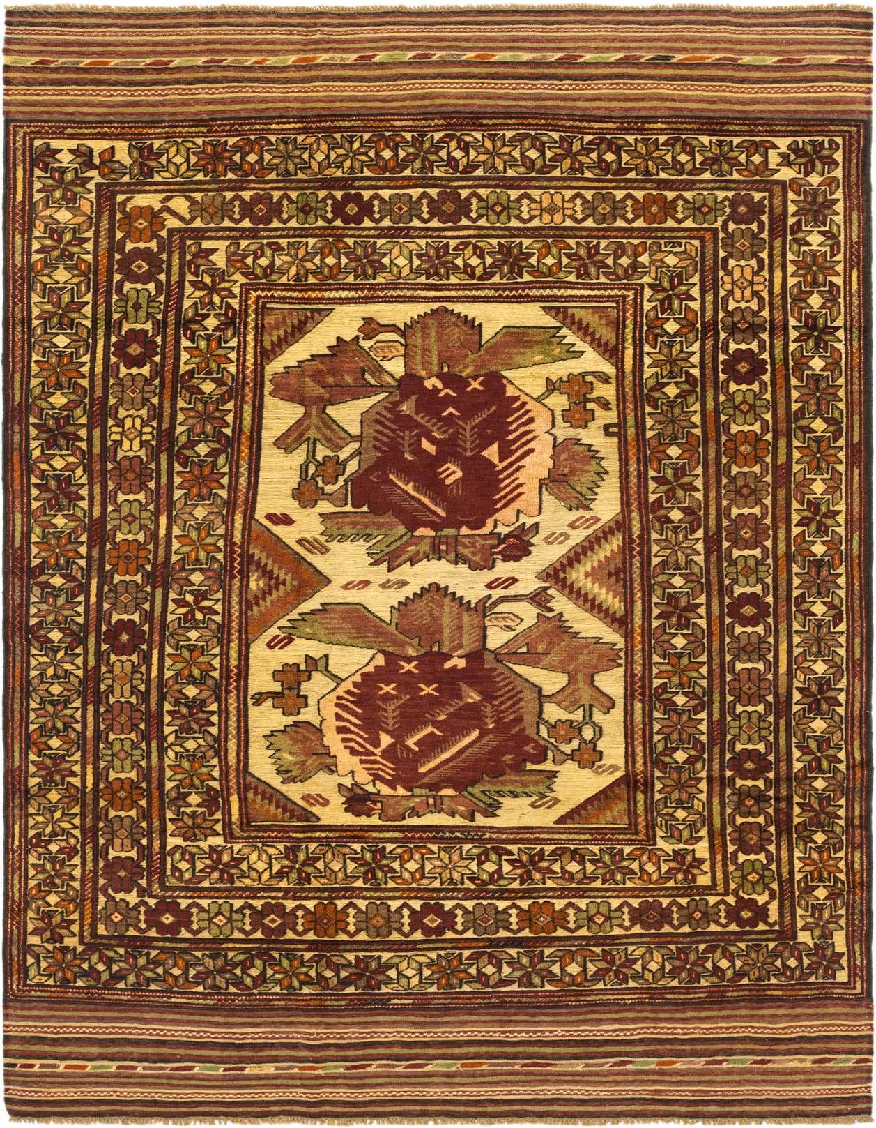 A 6x9 rectangular Sumak rug with an ivory field and a traditional tribal pattern in reds, greens, and browns, featuring two large stylized medallion motifs.