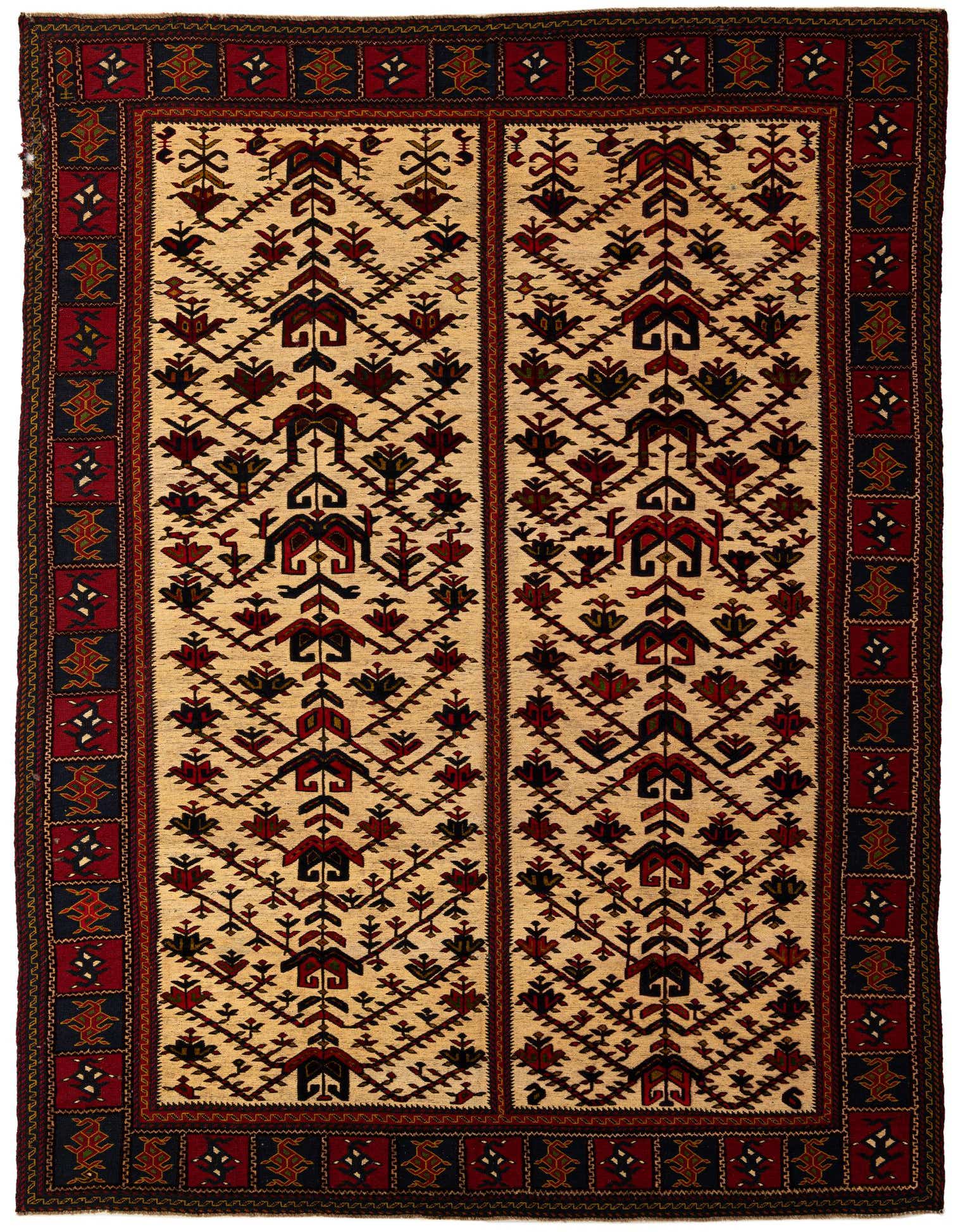 A 7x10 rectangular Sumak rug with a cream field and traditional tribal patterns in red, black, and brown.