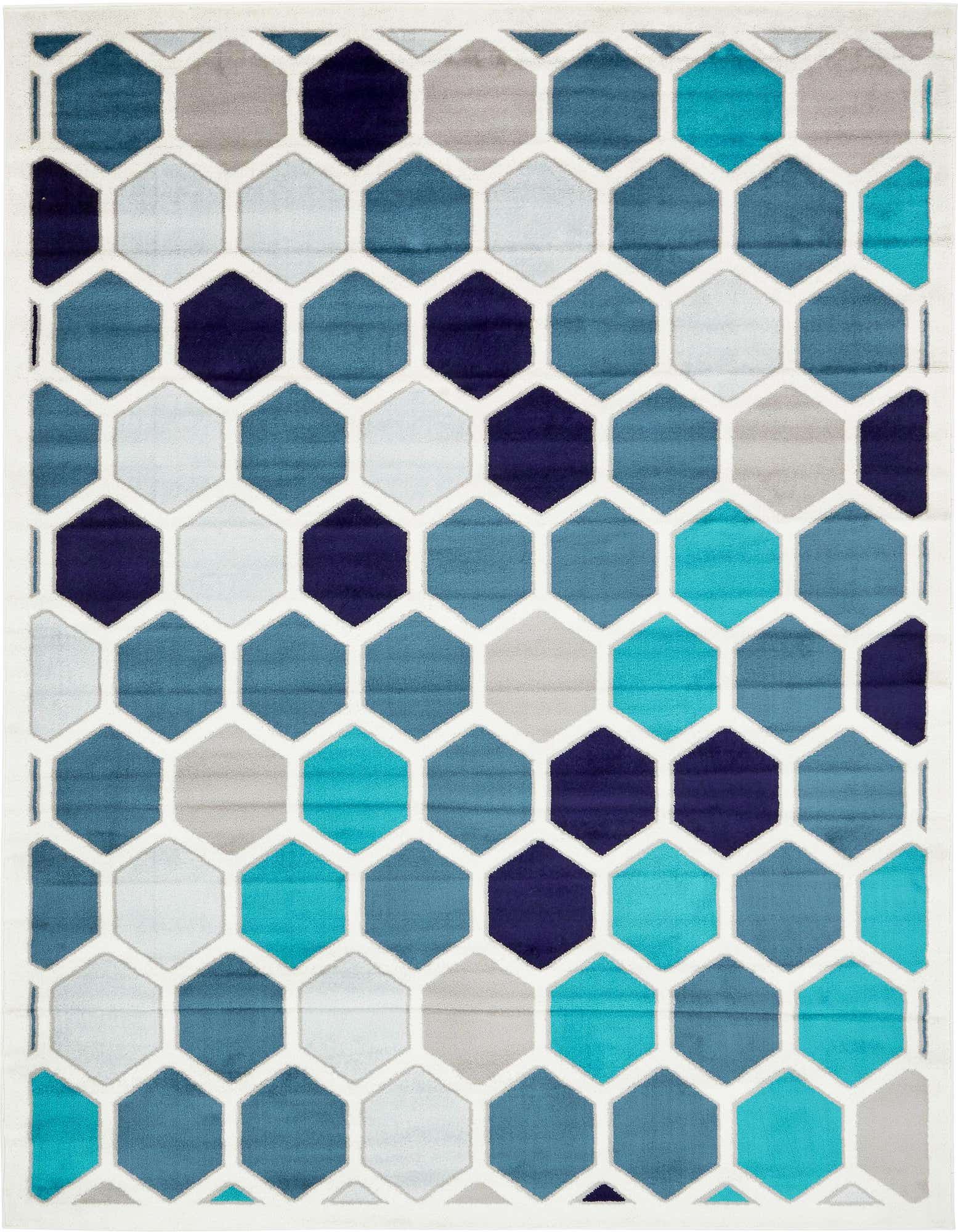 A rectangular 8x10 Sydney rug featuring a modern honeycomb trellis pattern in shades of blue, teal, gray, and ivory.