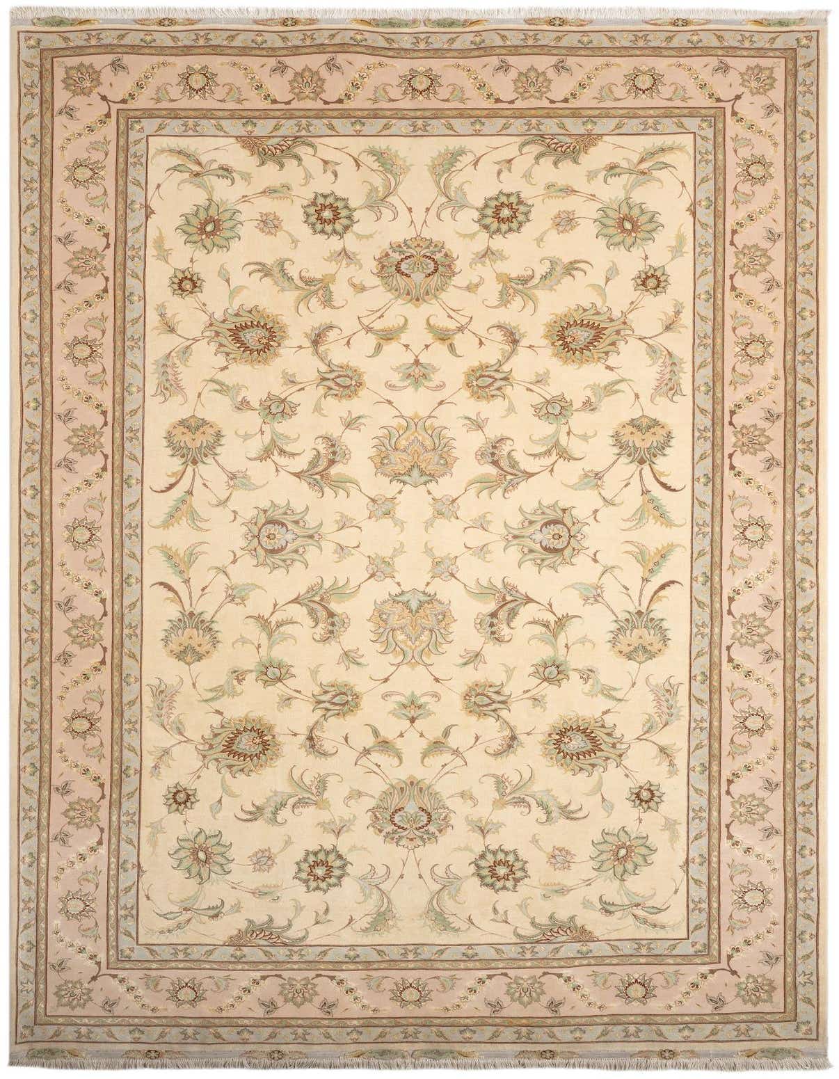 A 7x10 rectangular Tabriz Persian rug in ivory and cream with a detailed floral pattern and a blush pink border.