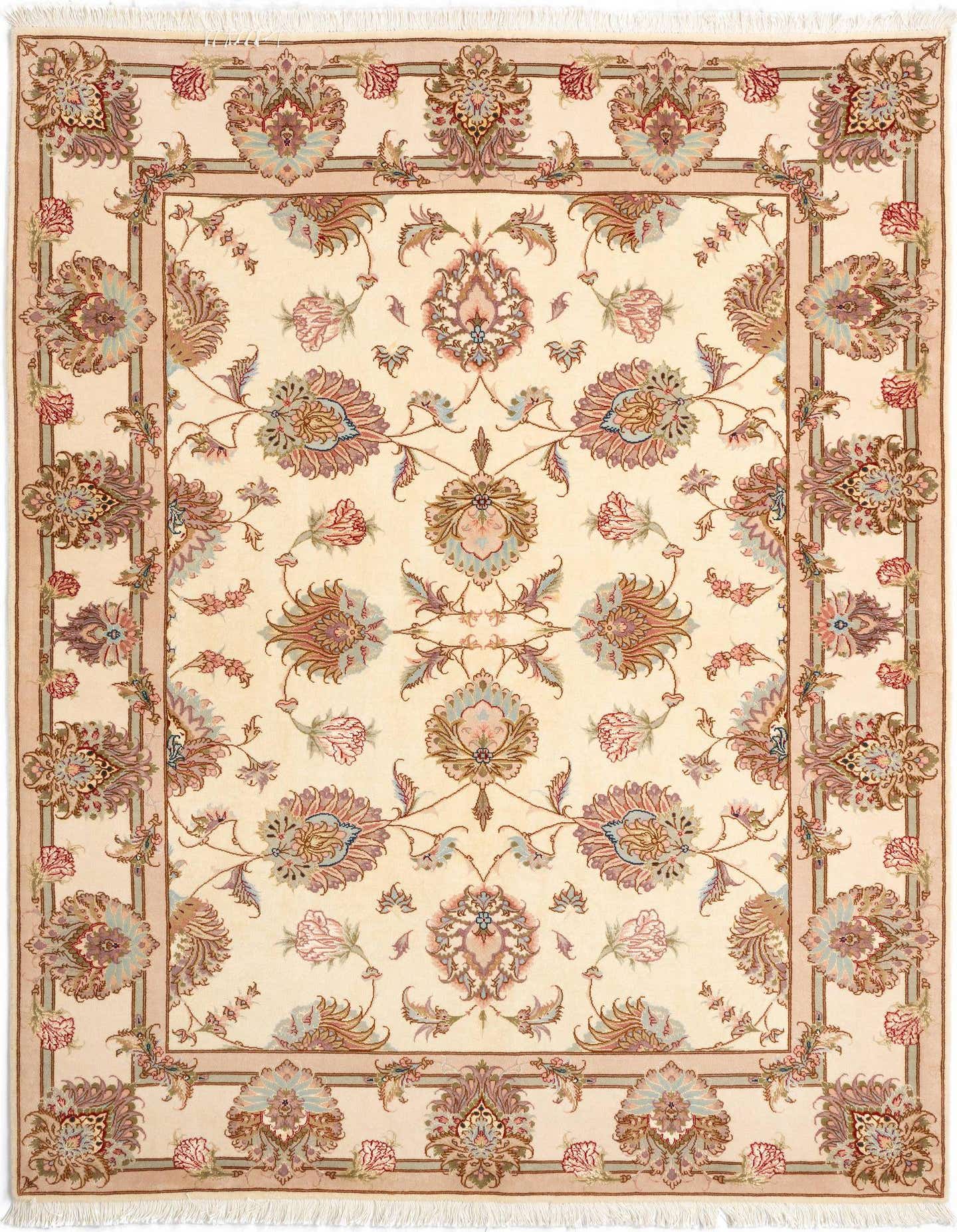A 4x6 rectangular ivory Persian rug with a detailed floral medallion pattern and a light pink border.