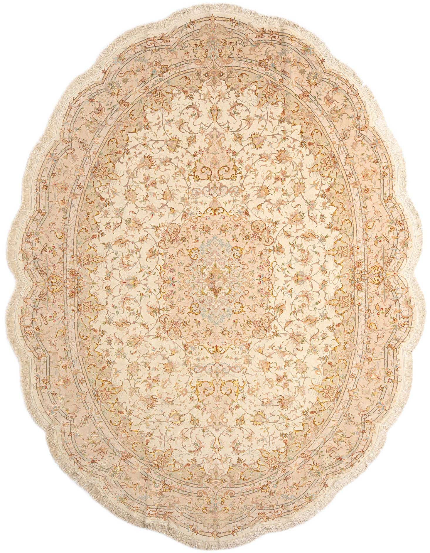 An 8x11 rectangular ivory Persian rug with a detailed floral and medallion pattern in subtle creams, pinks, and blues.