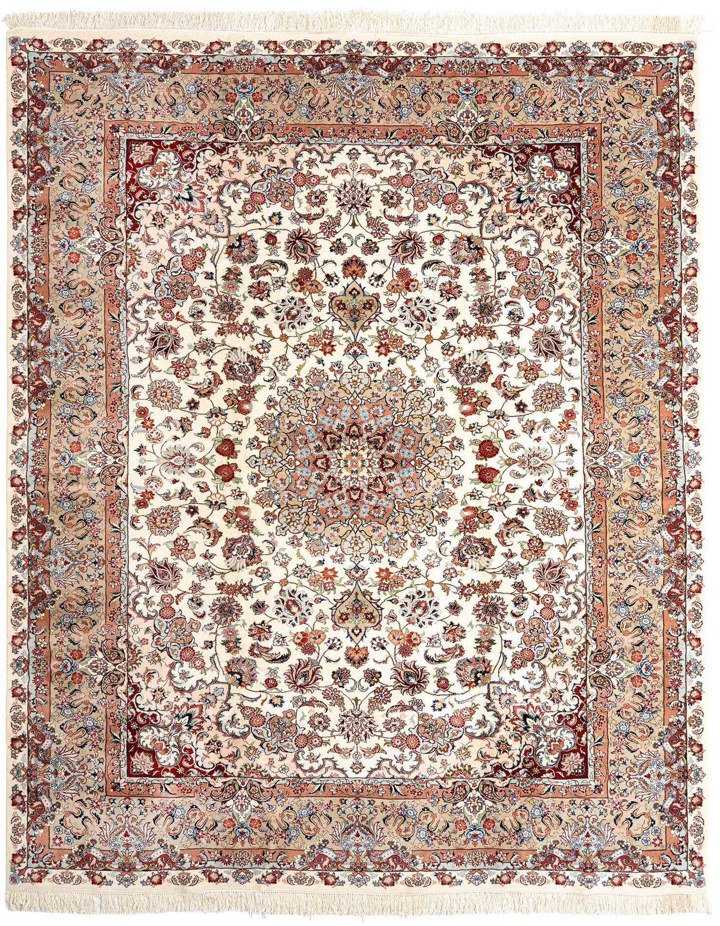 A 10x13 rectangular Persian rug with an ivory field, intricate floral patterns, and a central medallion in creams, reds, and blues.