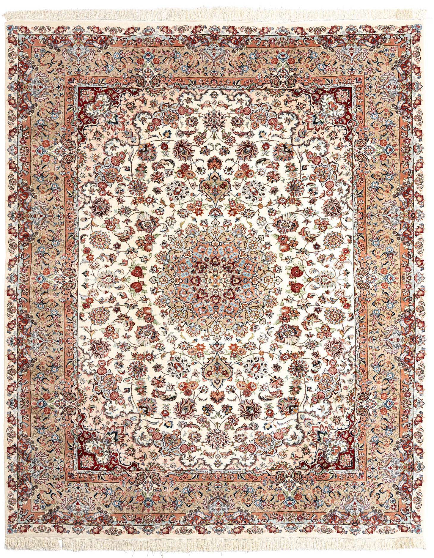 A 10x13 rectangular ivory Persian wool rug with a detailed floral medallion pattern and intricate borders, suitable for a living room.