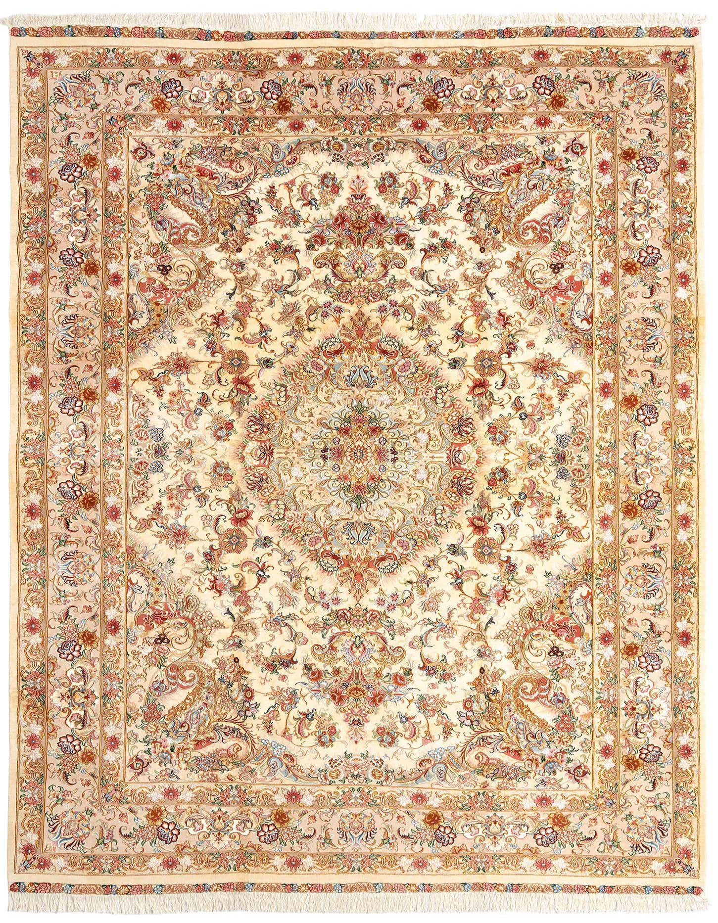 A 10x13 rectangular ivory Persian wool rug with a detailed floral medallion pattern and intricate border.