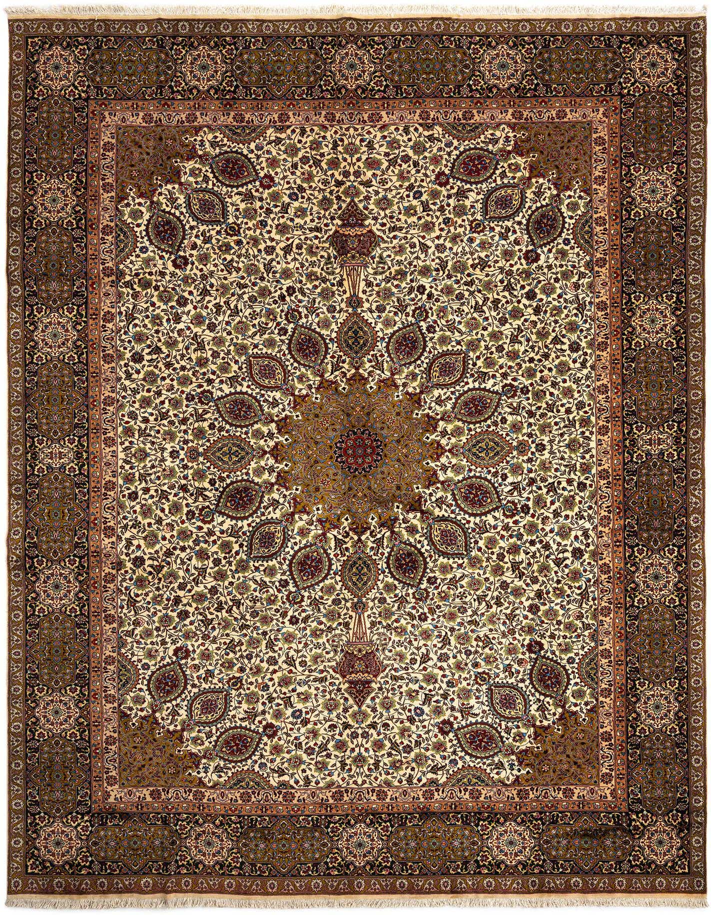 A large 10x13 rectangular ivory Persian wool rug with an intricate floral medallion pattern and a detailed brown border.