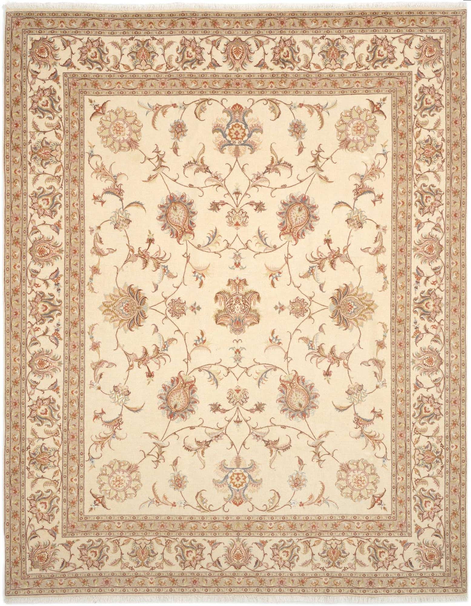 A 6x9 rectangular ivory Persian rug with a detailed floral and vine pattern in subtle creams, blues, and reds.