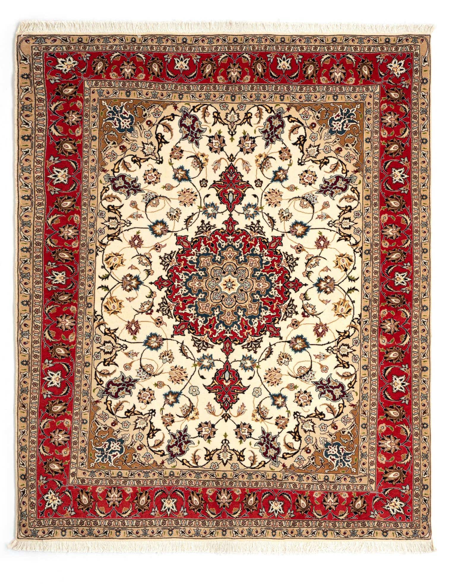 A 4x6 rectangular Persian rug with an ivory field, red border, and intricate floral medallion pattern.