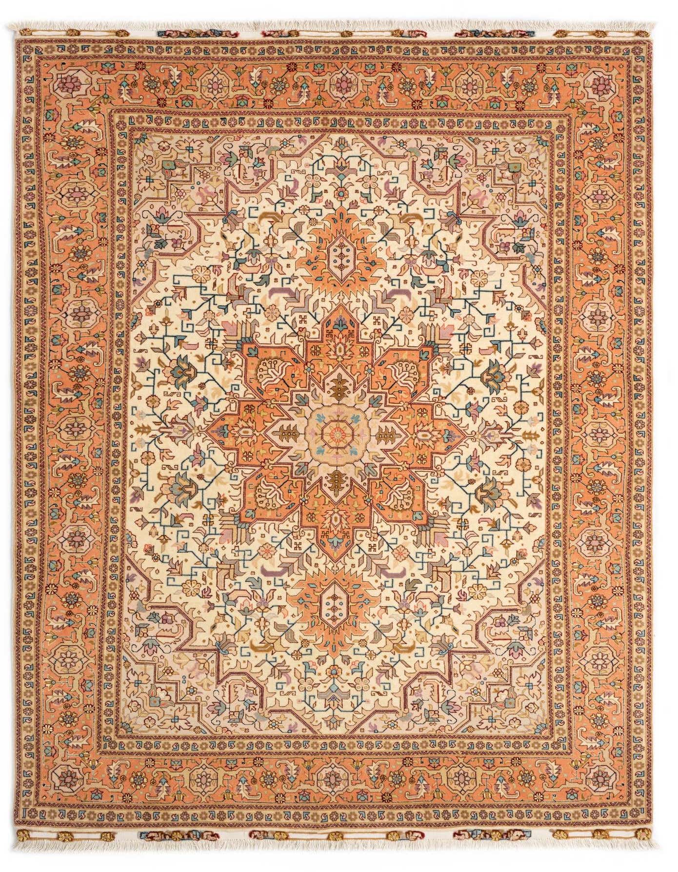 A 5x8 rectangular ivory Persian rug with a central orange medallion and intricate floral patterns, ideal for a living room.