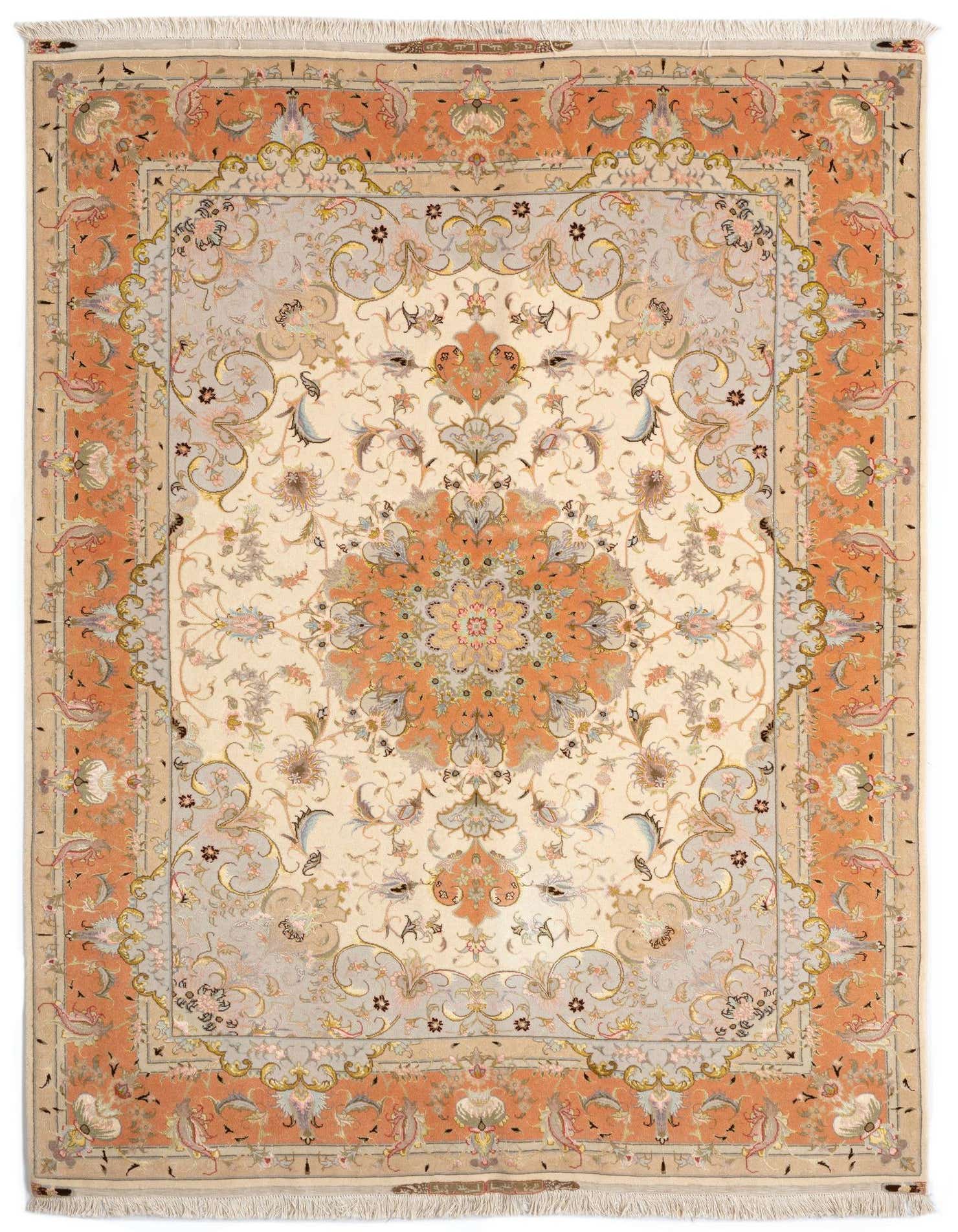 A 5x8 rectangular Persian rug with an ivory field, an orange medallion, and an orange border.