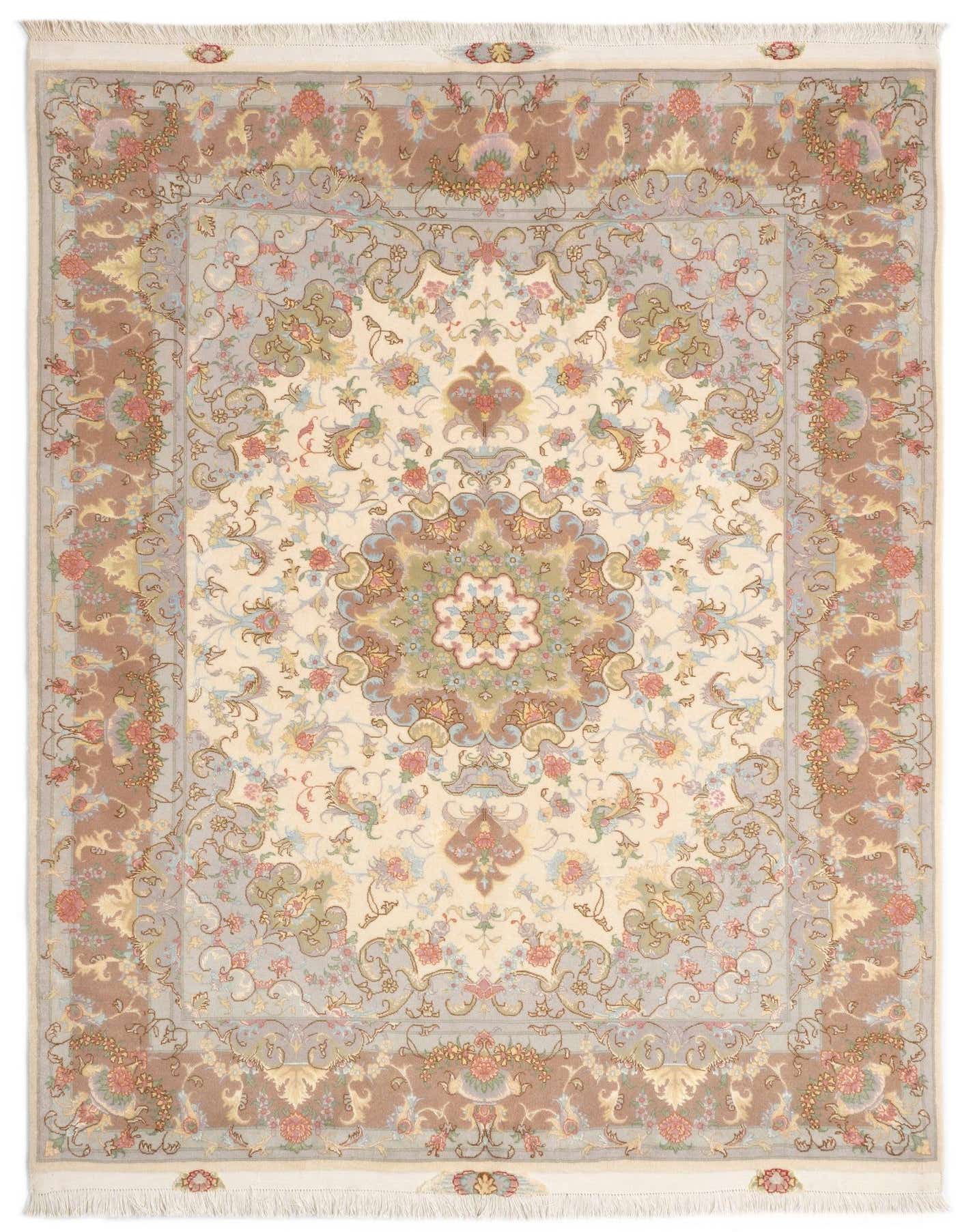 A 4x6 rectangular Persian rug with an ivory field, intricate floral medallion, and a multi-bordered design in creams, browns, blues, and pinks.