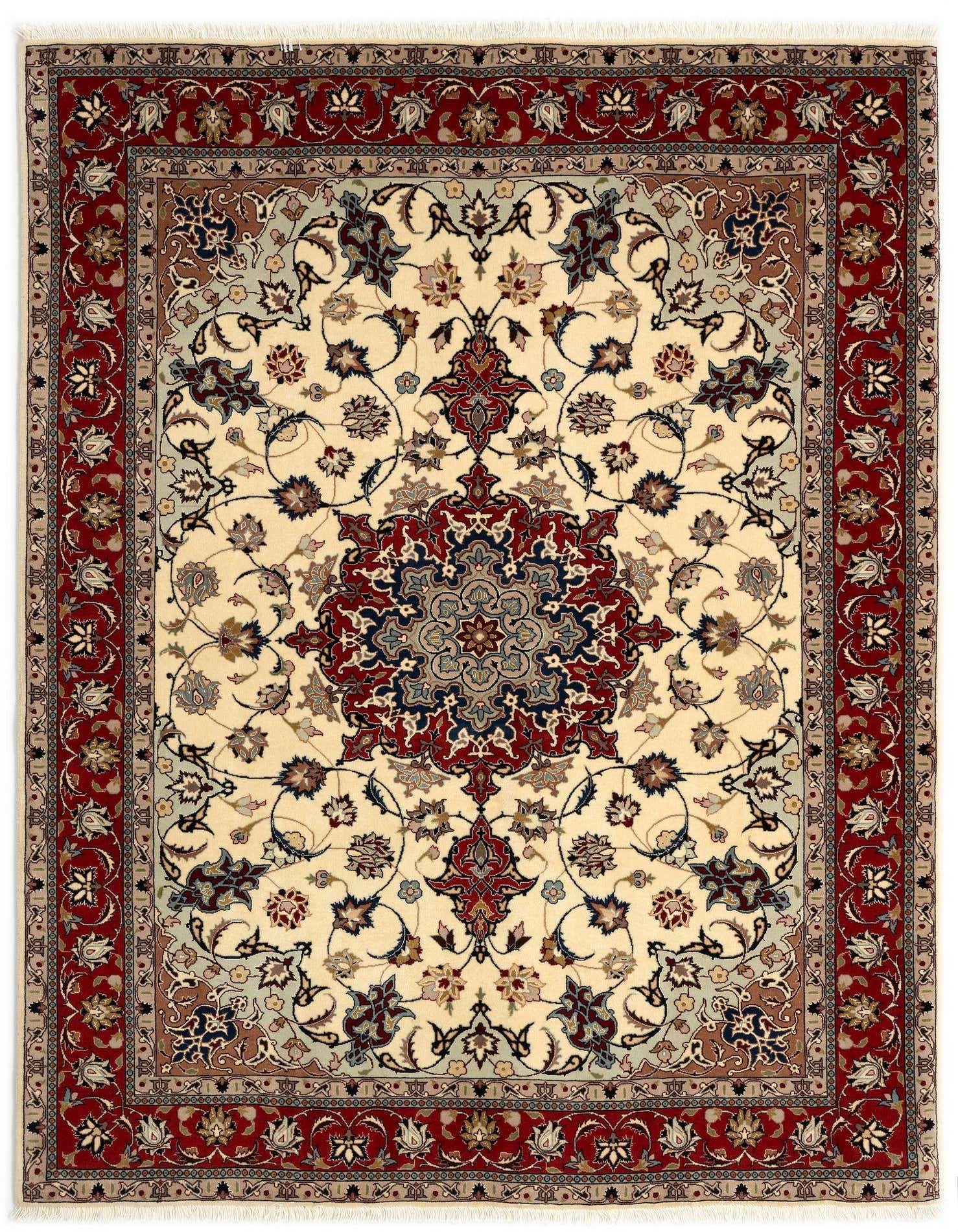 A 4x6 rectangular Tabriz Persian rug with an ivory field, red border, and intricate floral medallion.