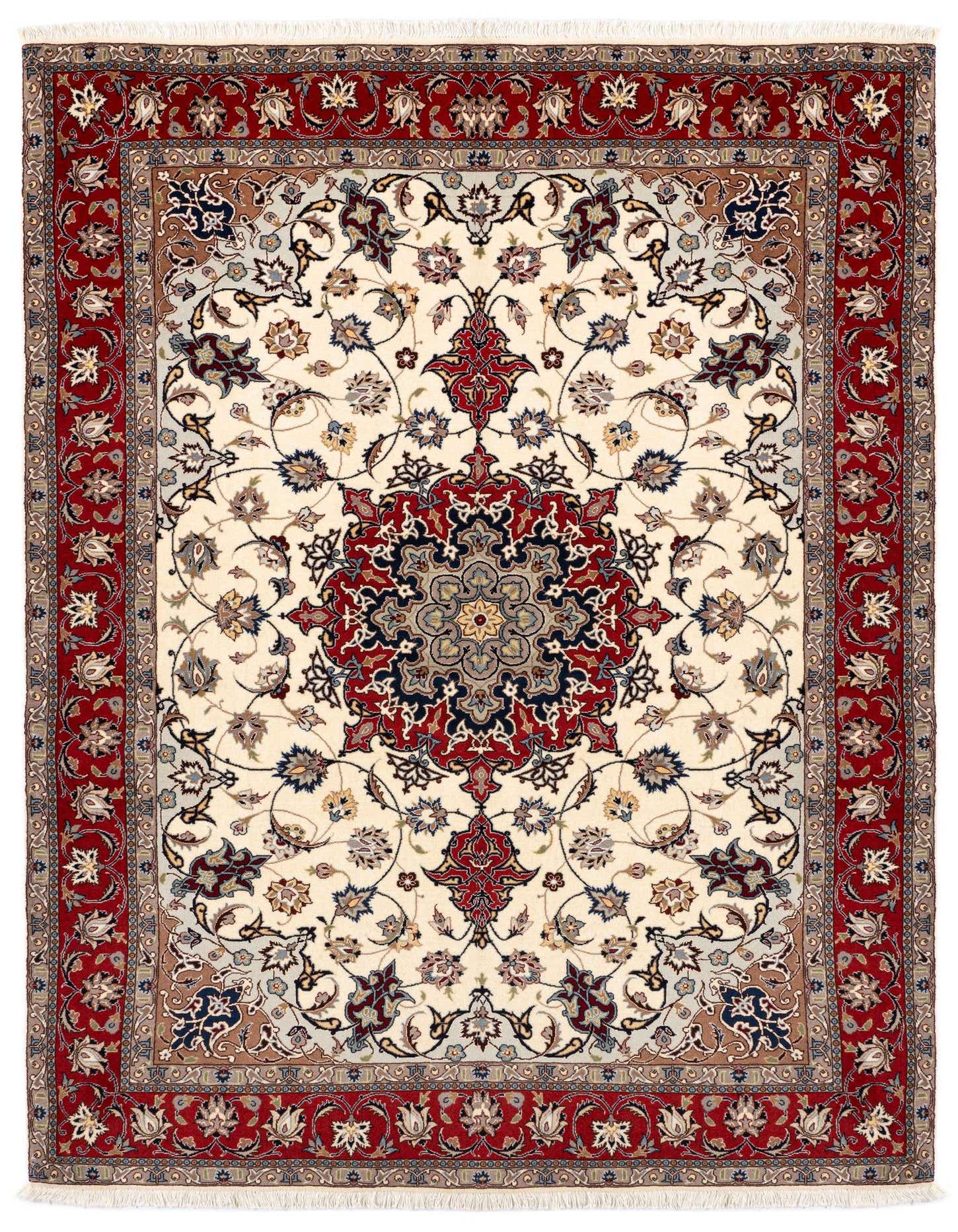 A 4x6 rectangular Persian rug with an ivory field, red border, and intricate floral medallion pattern.