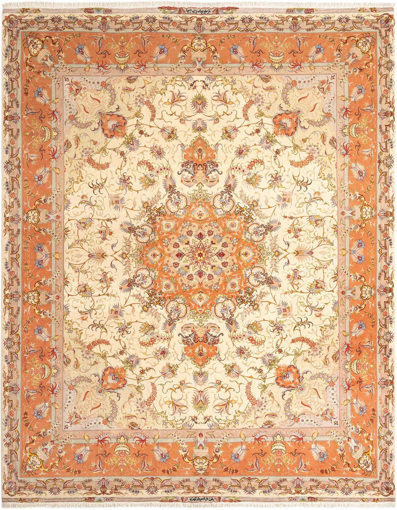 An 8x10 rectangular Tabriz Persian rug in ivory and cream with an intricate floral medallion pattern and an orange border.