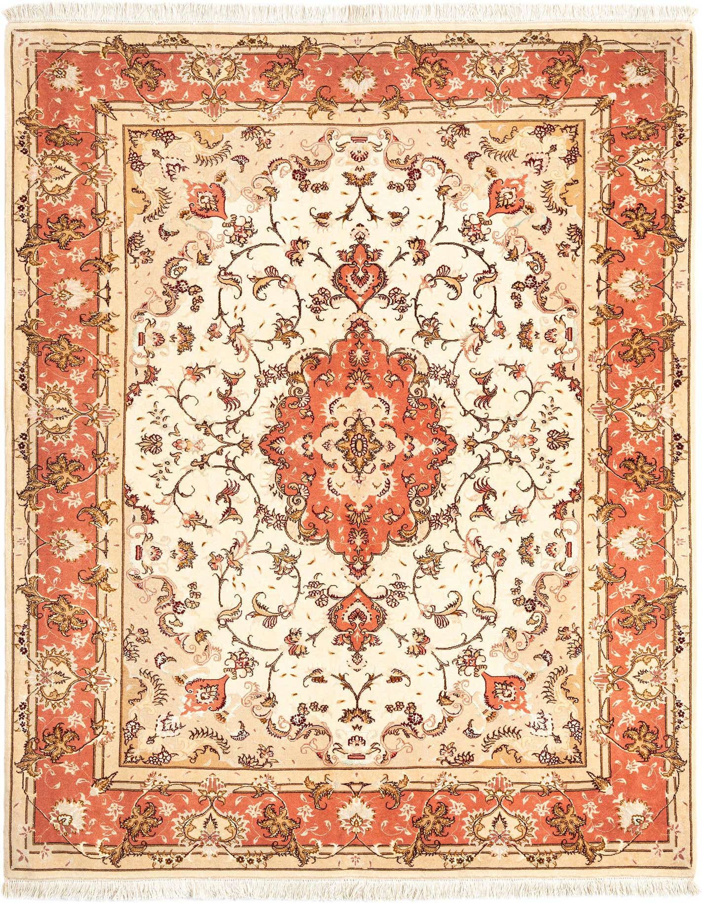 A 4x6 rectangular ivory Persian rug with a central coral medallion and intricate floral patterns, ideal for a living room.