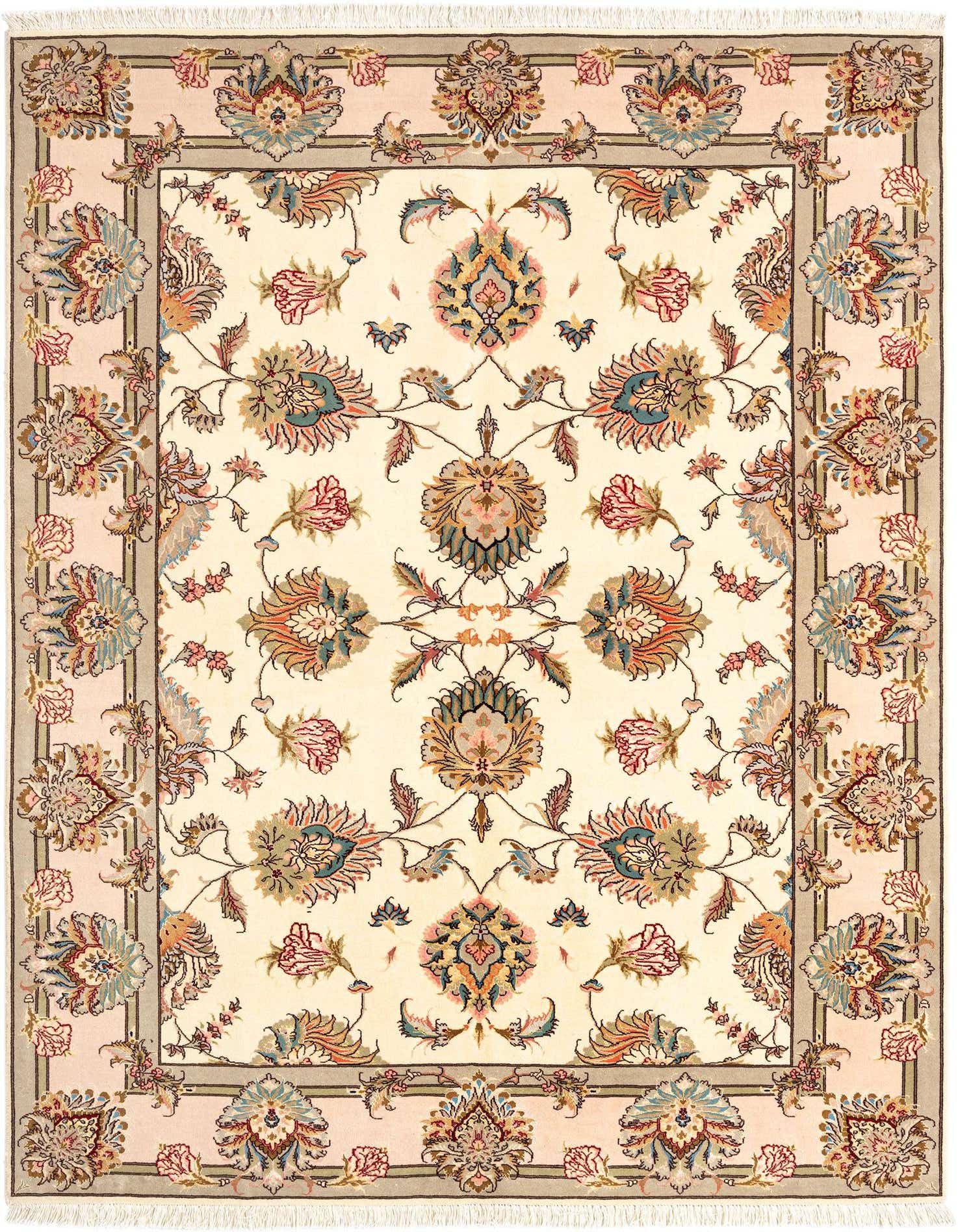 A 4x6 rectangular ivory Persian rug with an intricate floral and medallion pattern in muted pinks, blues, and golds, framed by a light pink border.