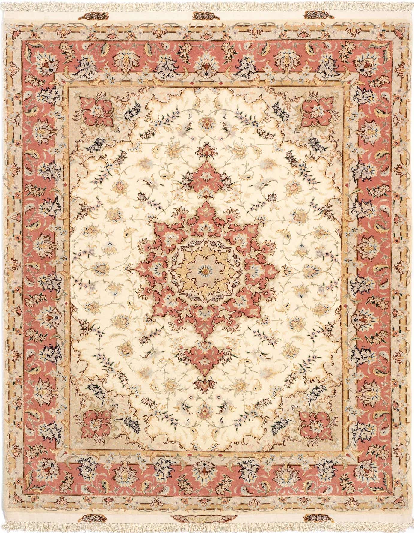 A 4x6 rectangular ivory Persian rug with a central medallion and floral motifs in shades of cream, rose, and light blue.