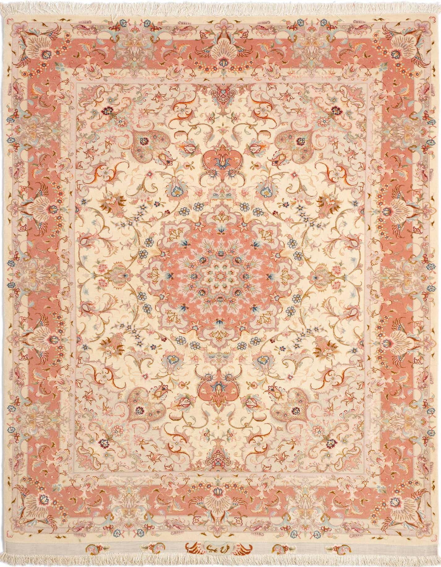 A 4x6 rectangular Persian rug with an ivory field, light pink border, and intricate floral motifs.