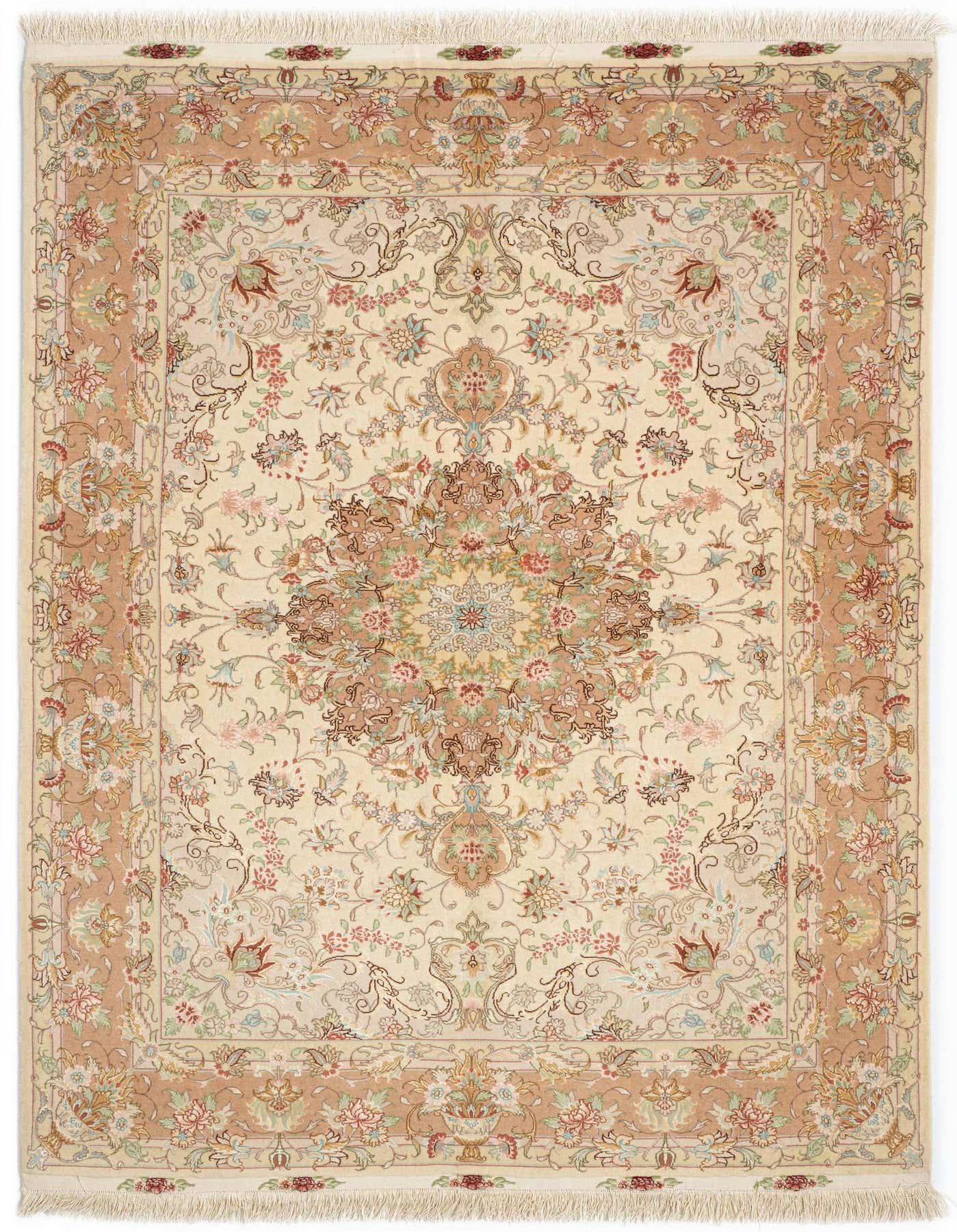 A 4x6 rectangular handmade Persian rug with an ivory field, intricate floral medallion, and a detailed border in creams and subtle pastels.