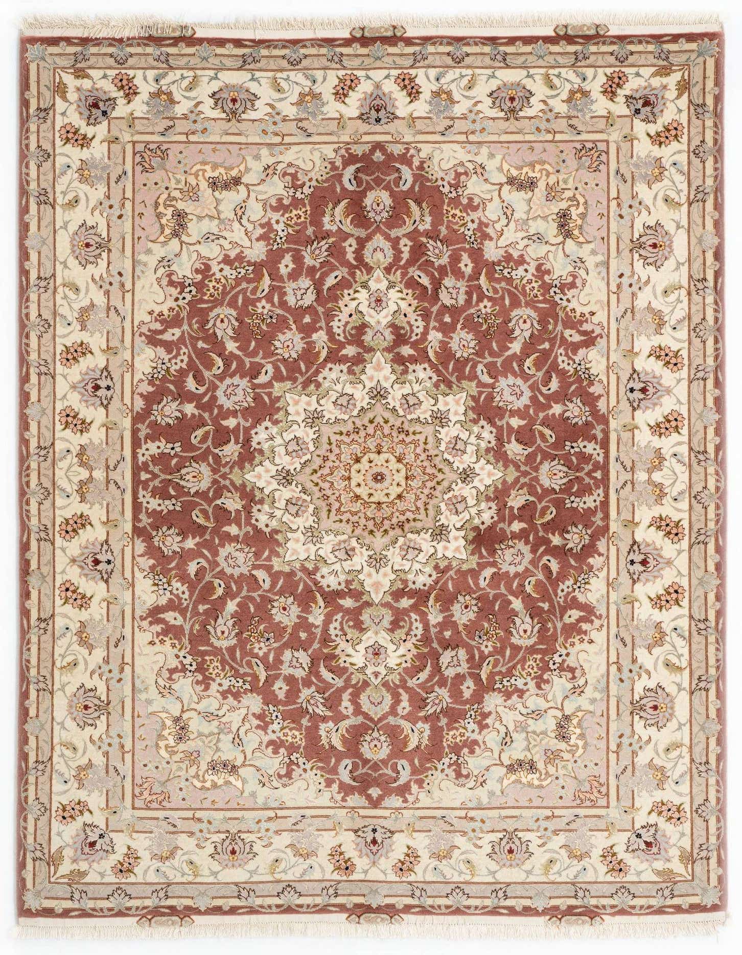 A 4x6 rectangular Tabriz Persian rug in ivory and cream with a detailed floral medallion pattern.
