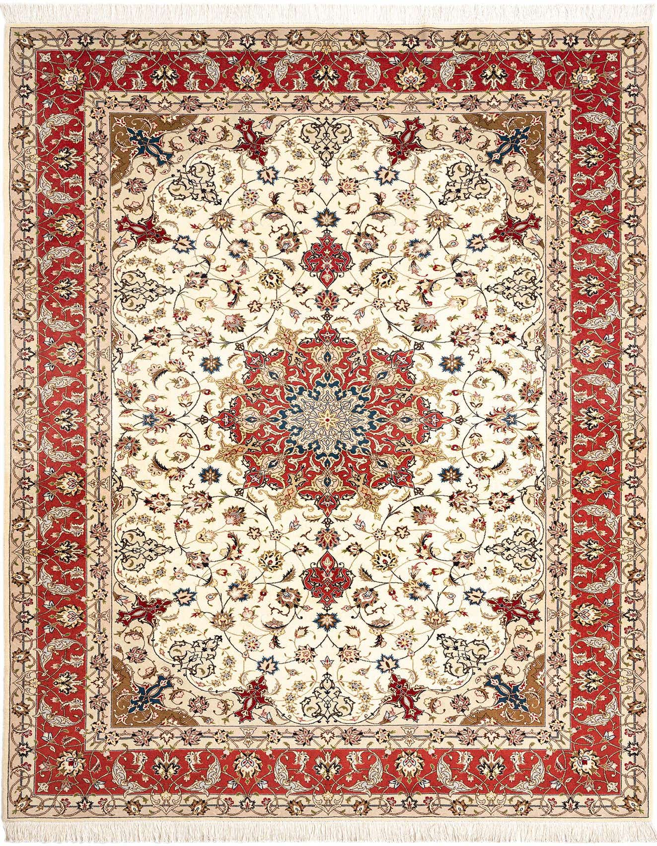 A 7x10 rectangular ivory Persian rug with a red border and intricate floral medallion design, suitable for a living room.