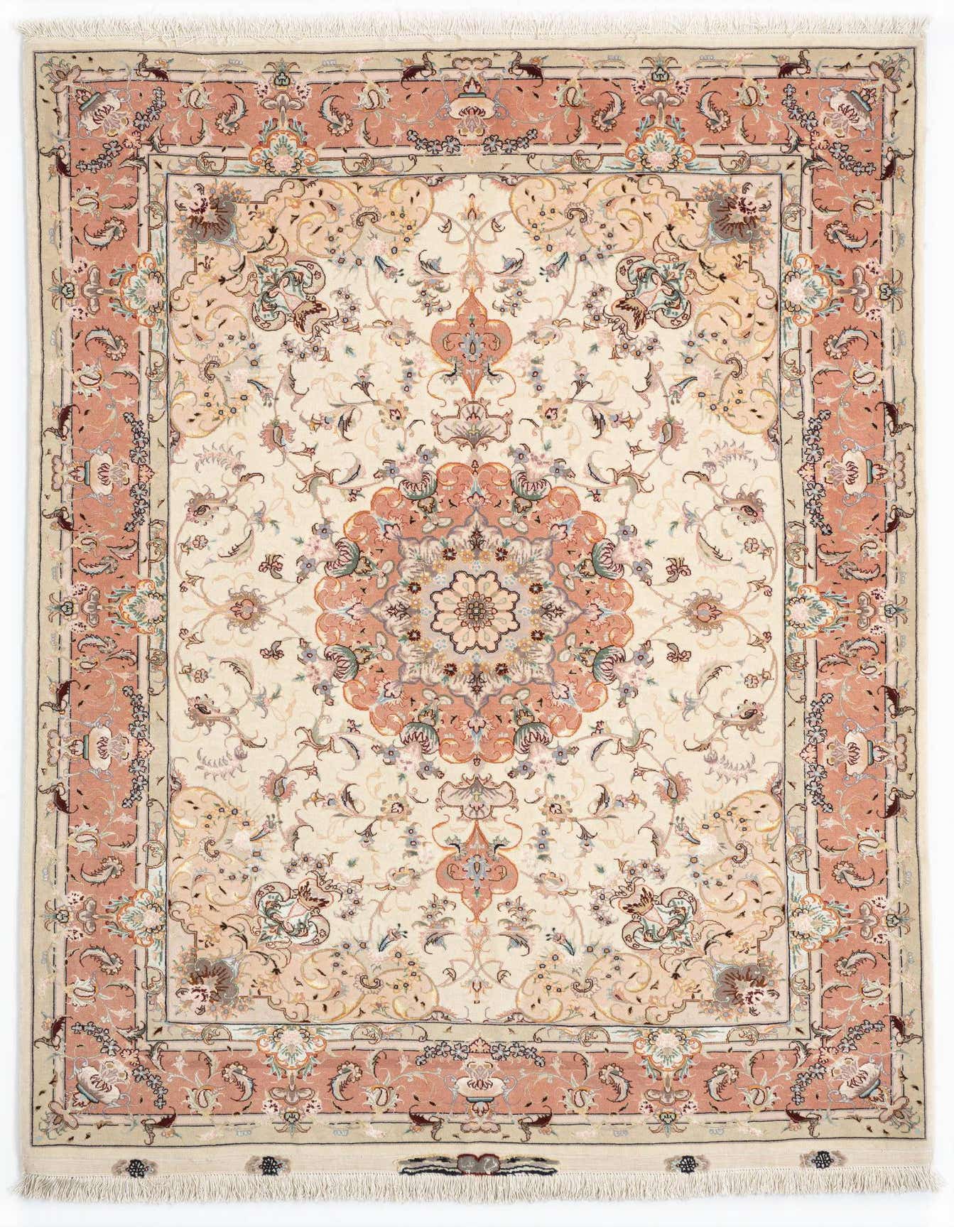 A 5x8 rectangular ivory Persian rug with a detailed floral medallion and a wide coral-pink border, ideal for a living room.