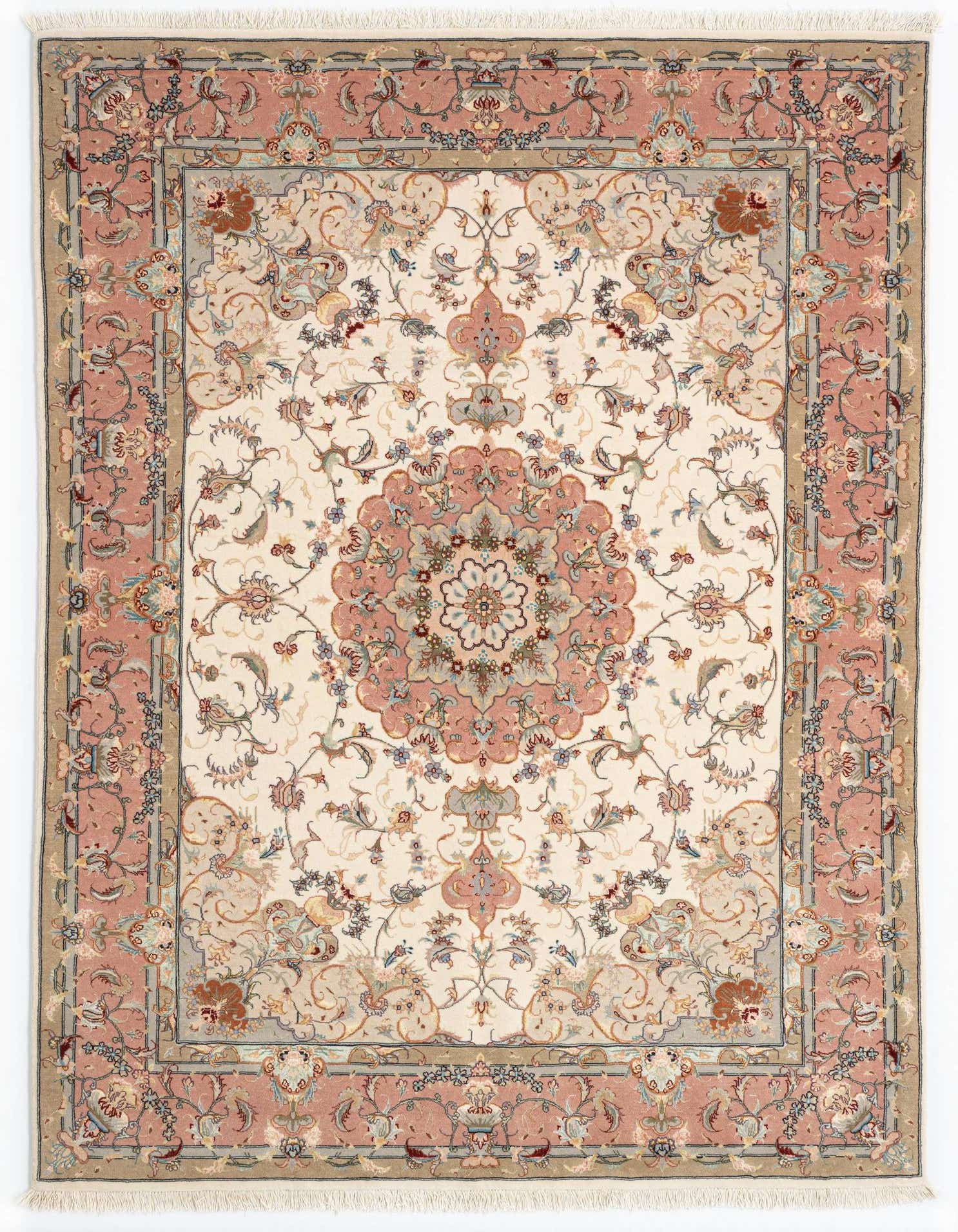 A 4x6 rectangular ivory Persian rug with a traditional medallion pattern and a detailed floral border in shades of cream and pink.