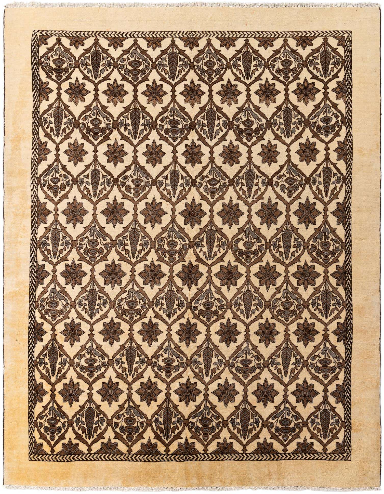 A 9x11 rectangular ivory wool rug with a traditional Persian pattern featuring repeating brown floral motifs and a thin border.
