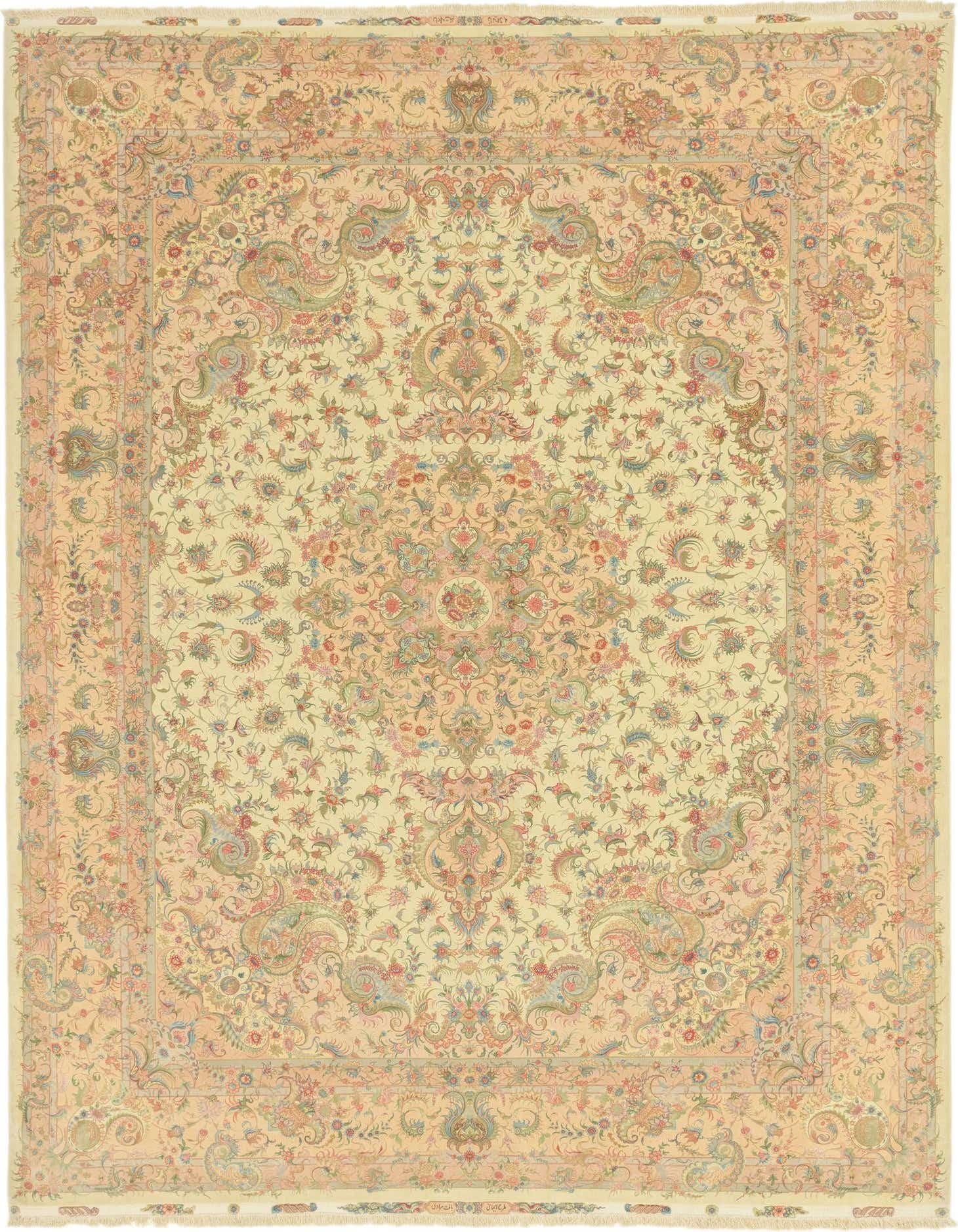 A large 10x13 rectangular ivory Tabriz rug with a traditional Persian medallion and botanical pattern in soft pastel colors.