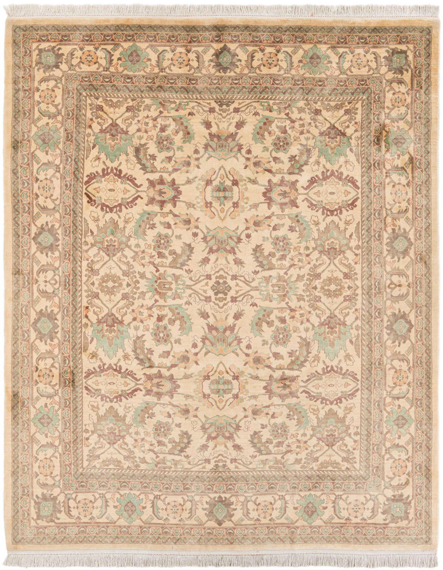 An 8x10 rectangular ivory Tabriz rug with a detailed oriental floral pattern in muted greens, browns, and creams.