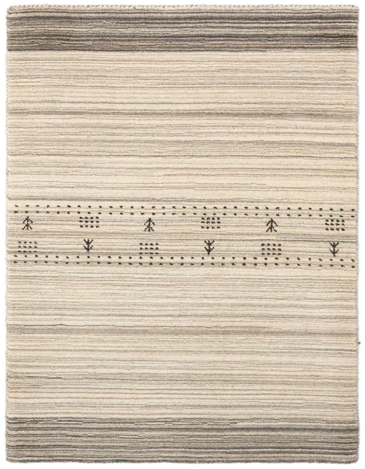 A 3x4 rectangular ivory and cream wool rug with subtle horizontal stripes and a central band of abstract, dark brown tribal patterns.