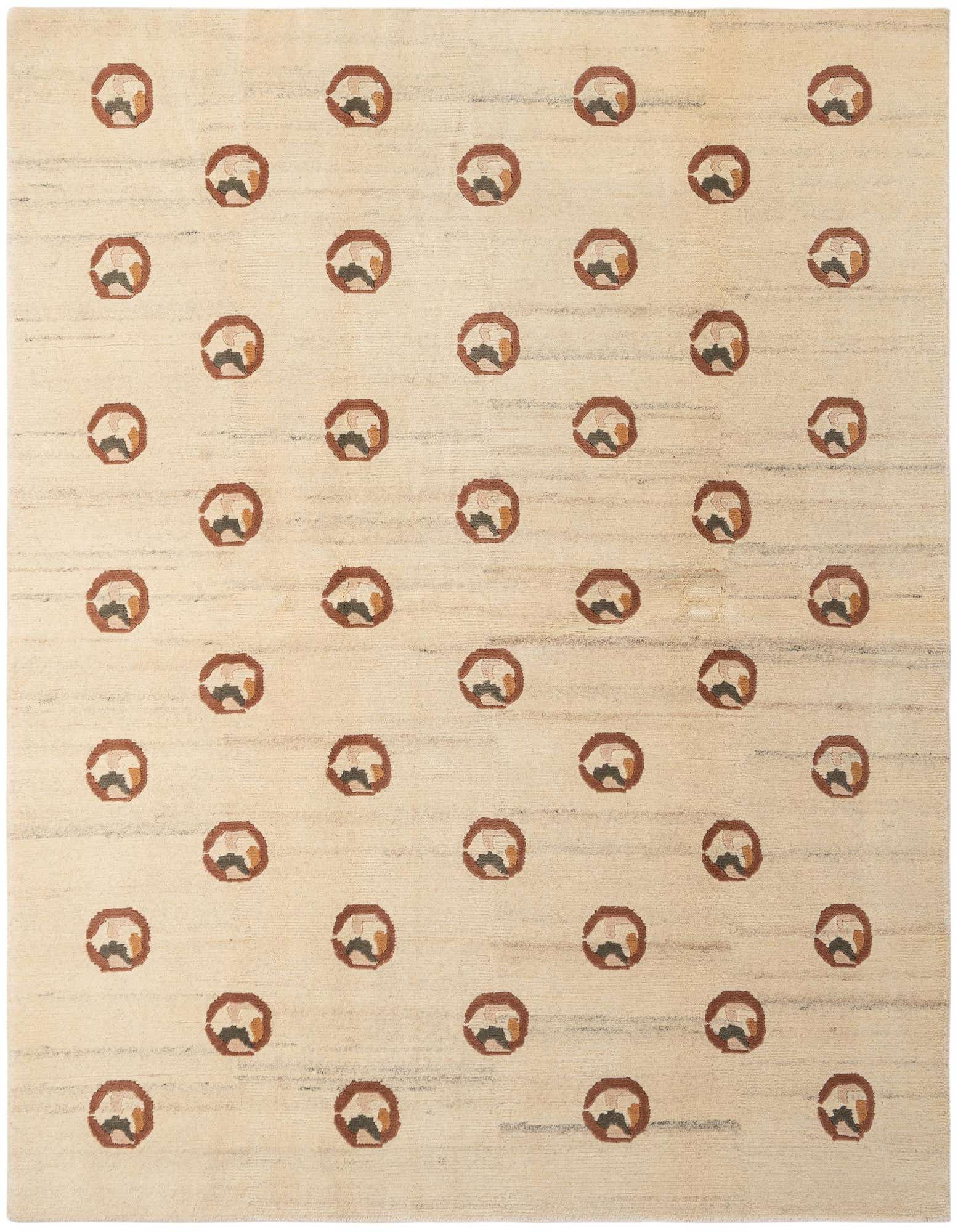 A 6x9 rectangular ivory wool rug with a modern abstract pattern of repeating brown and gray circular motifs.