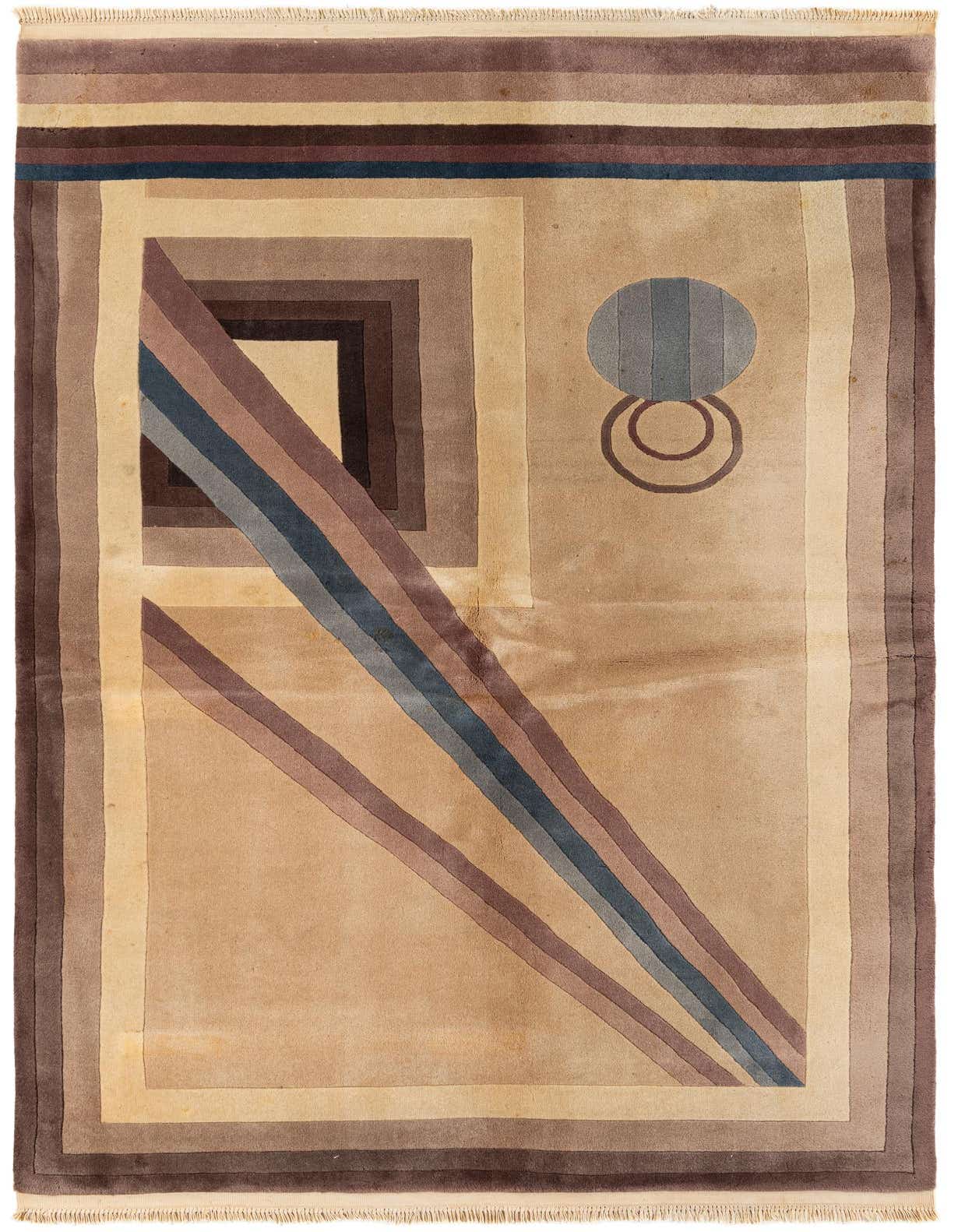 A rectangular 5x8 modern wool rug with an abstract pattern in shades of ivory, cream, brown, and blue.