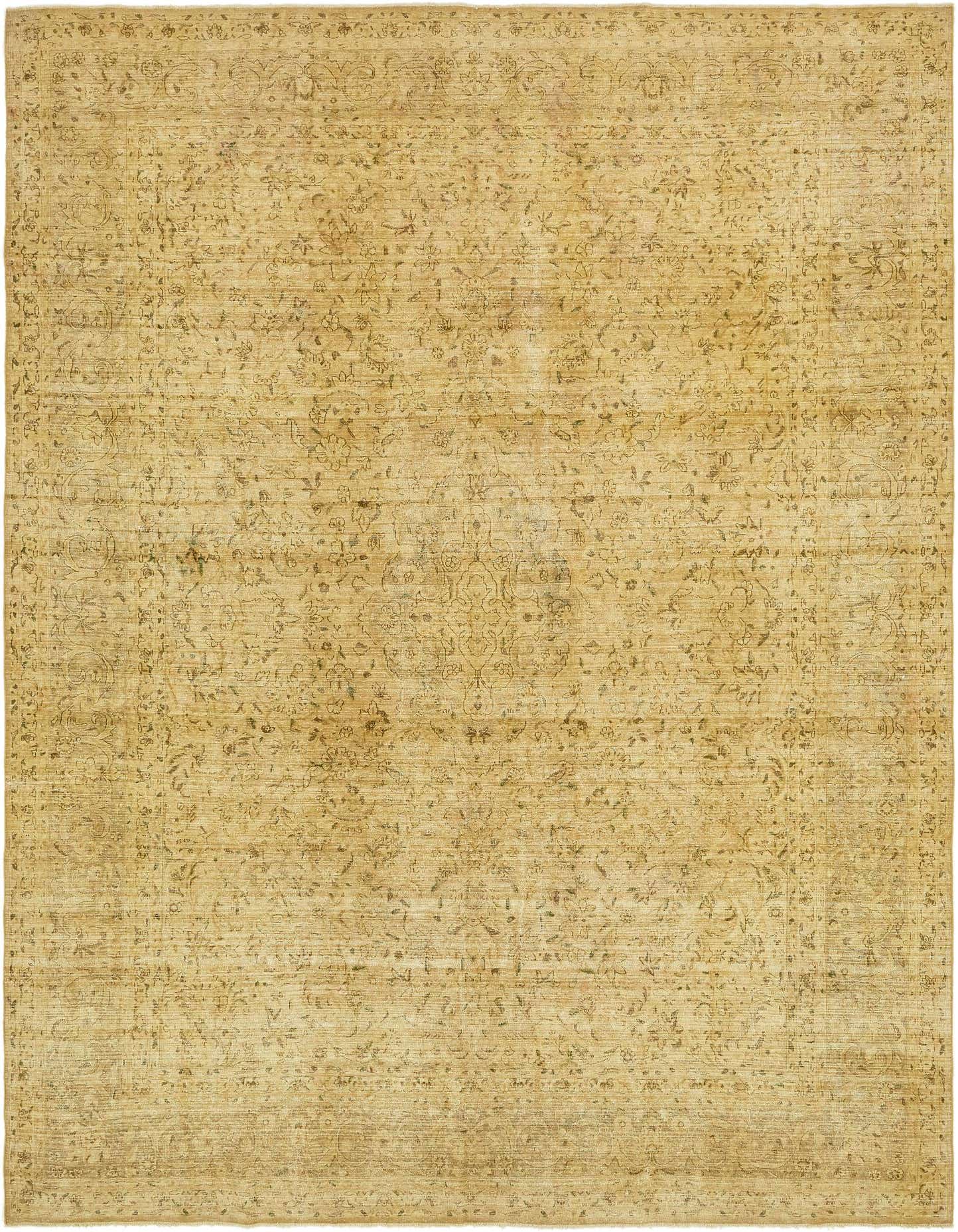 A 10x13 rectangular ivory wool rug with a subtle, faded vintage botanical pattern, ideal for a living room.