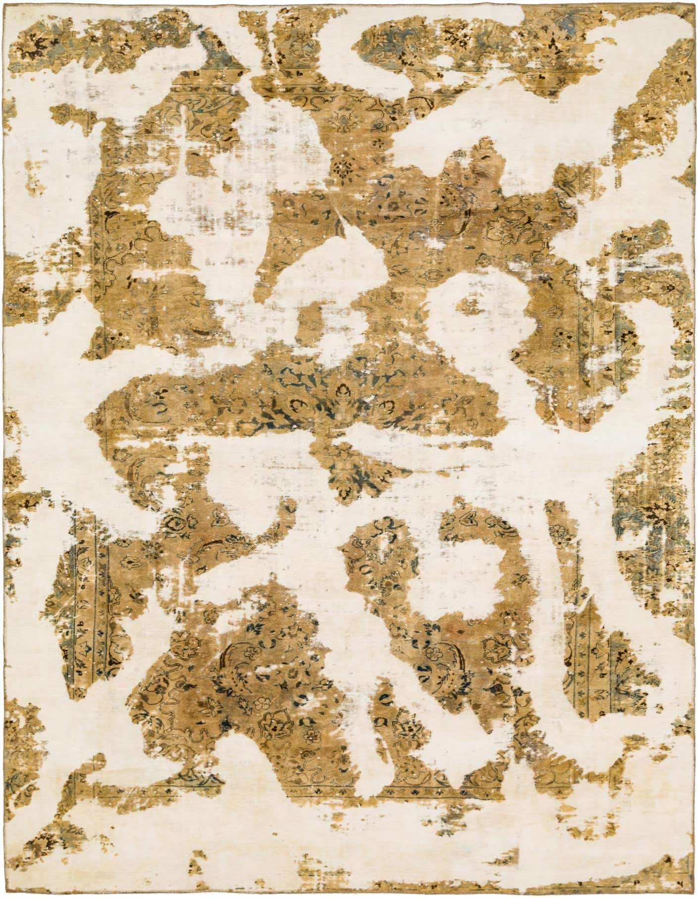 An 8x12 rectangular Ultra Vintage rug featuring an abstract distressed Persian pattern in ivories, creams, and gold tones.